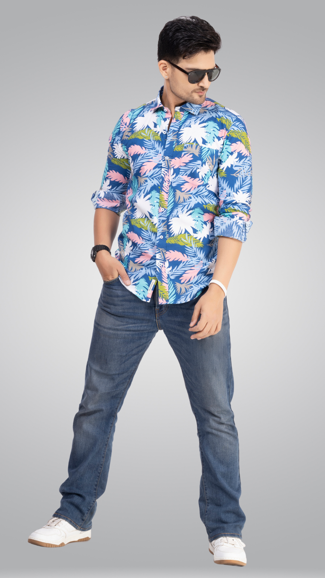 Party Printed Leafs Blue Shirt