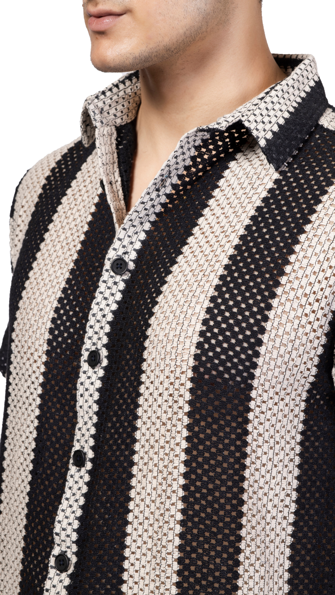 Black And White Big Stripe Half Sleeve Crochet Shirt