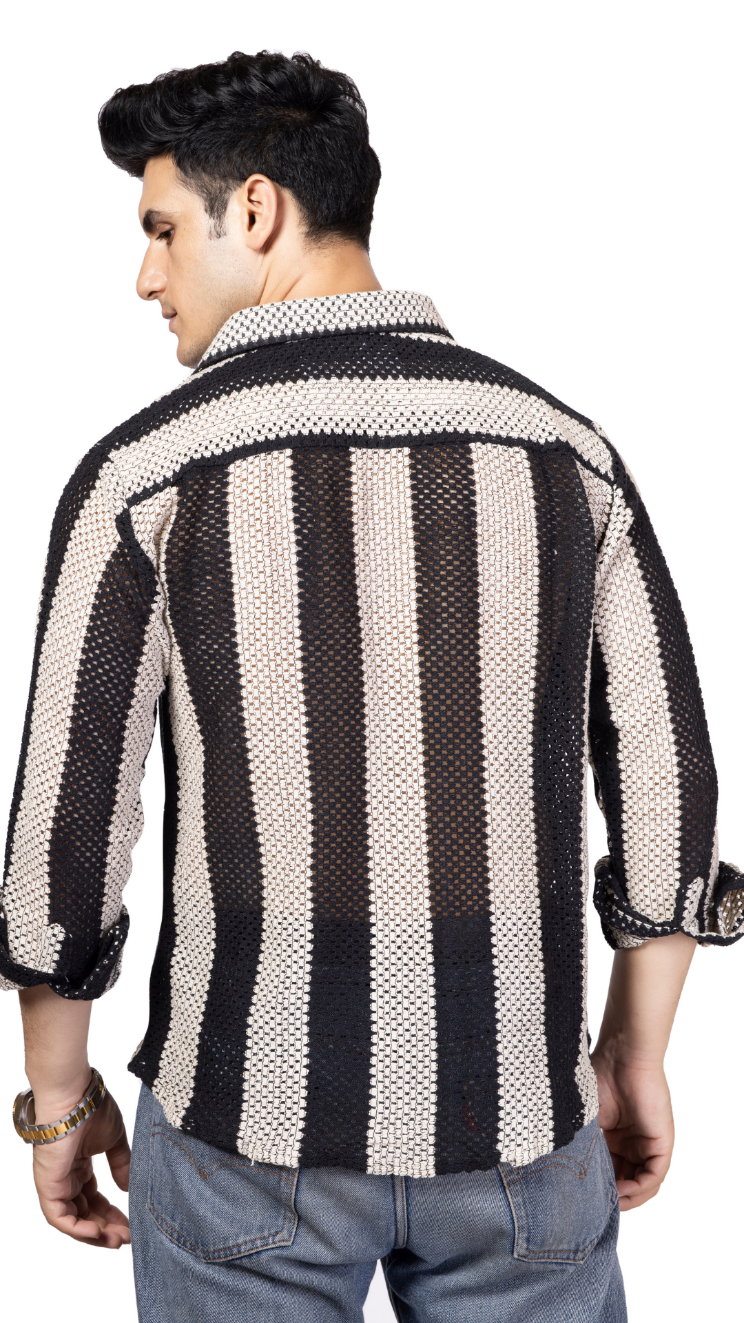 Black And White Big Stripe Full Sleeve Crochet Shirt