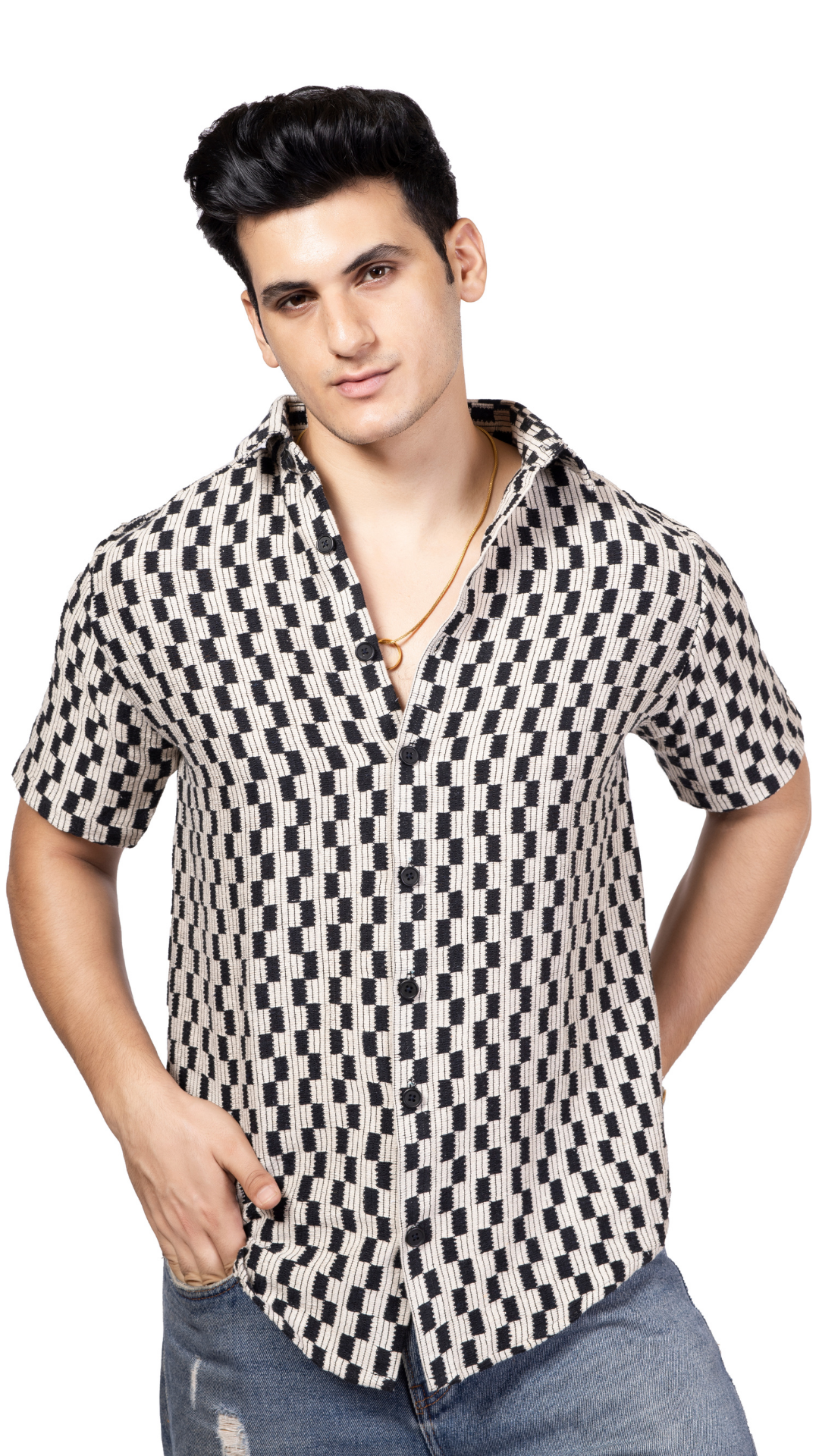 Checks Half Sleeve Crochet Shirt