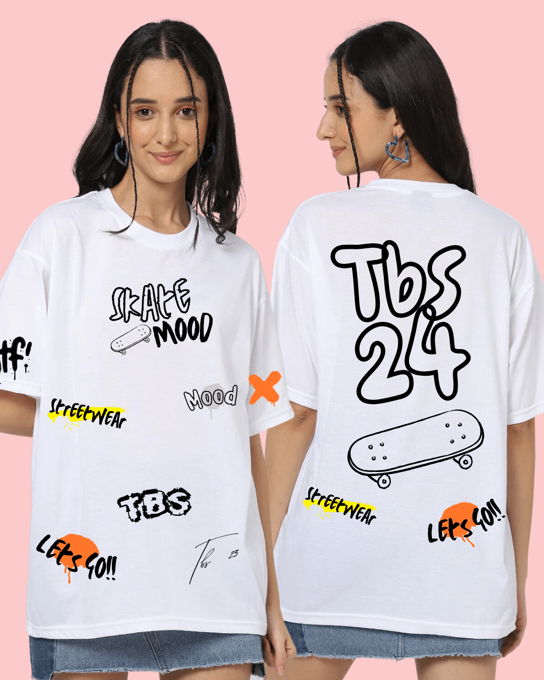 skate mood women's white oversized tshirt