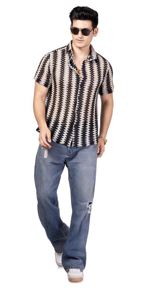 Black And White Crochet Shirt Half Sleeves
