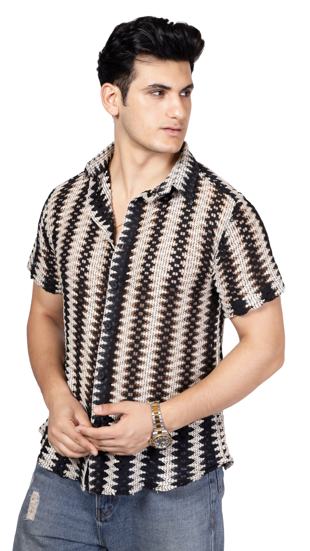 Black And White Crochet Shirt Half Sleeves