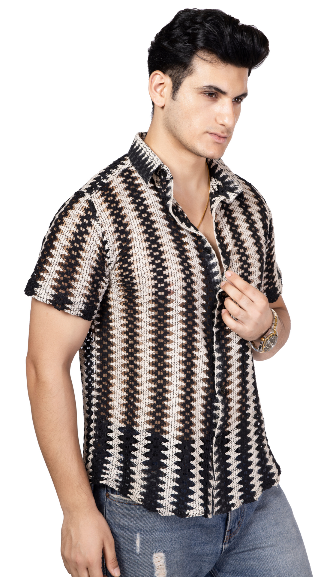 Black And White Crochet Shirt Half Sleeves