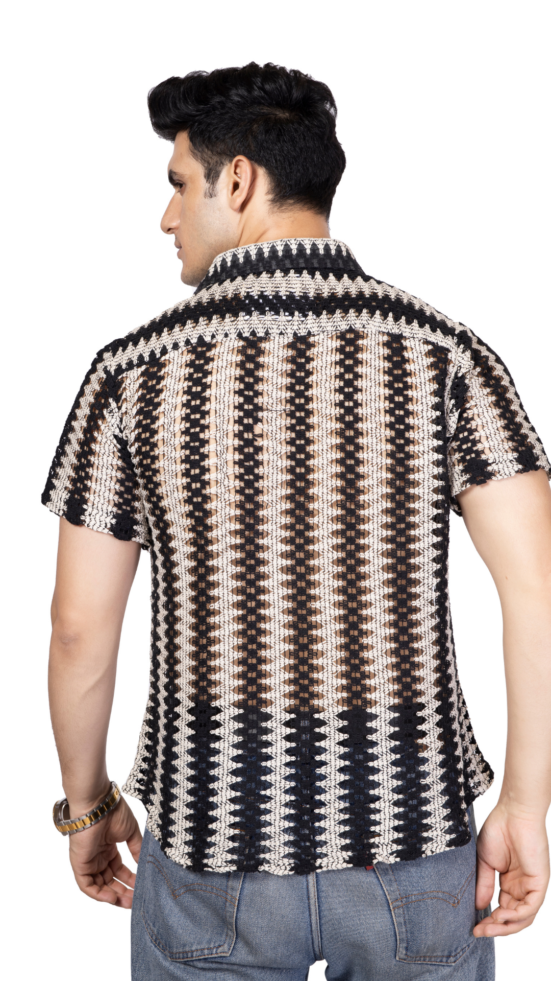 Black And White Crochet Shirt Half Sleeves