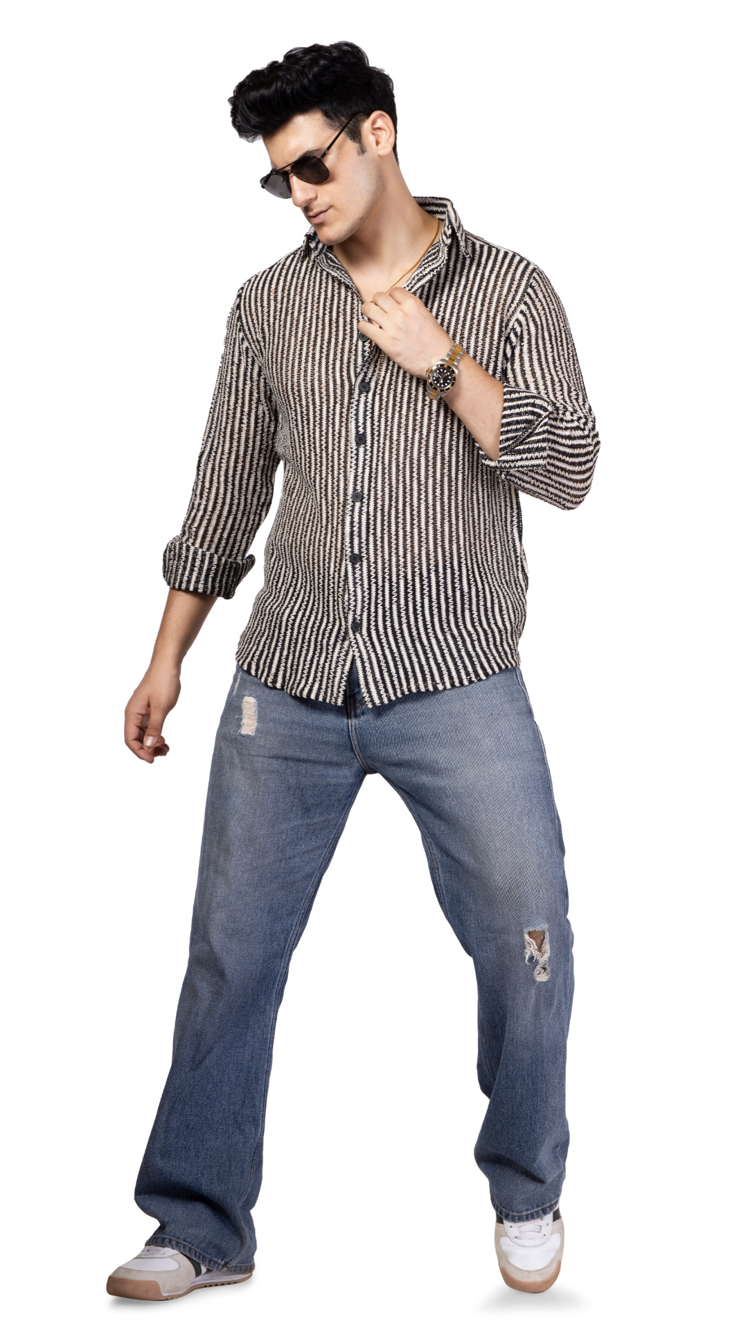 Small Stripe Black And White Crochet Shirt Full Sleeves