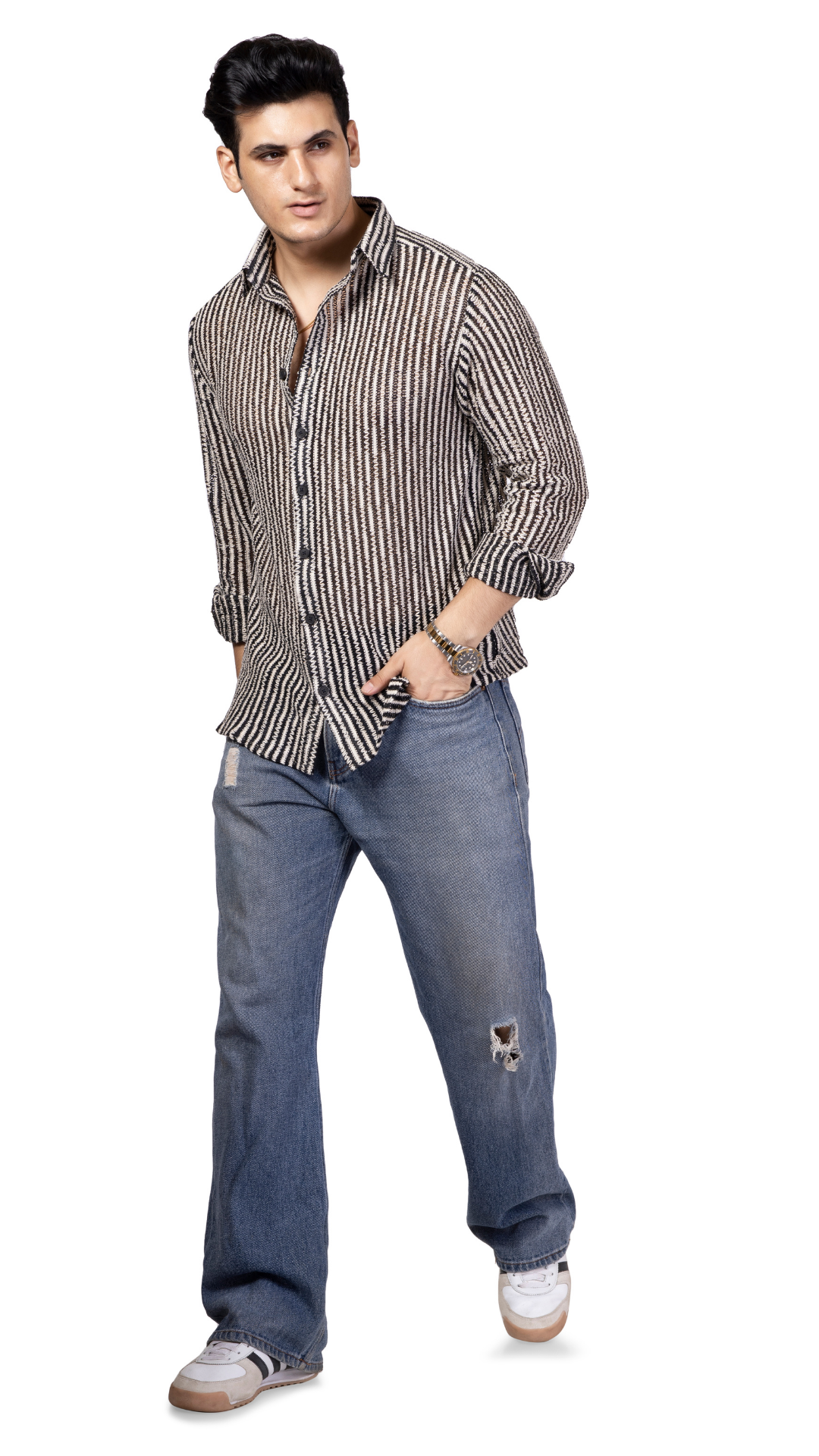 Small Stripe Black And White Crochet Shirt Full Sleeves