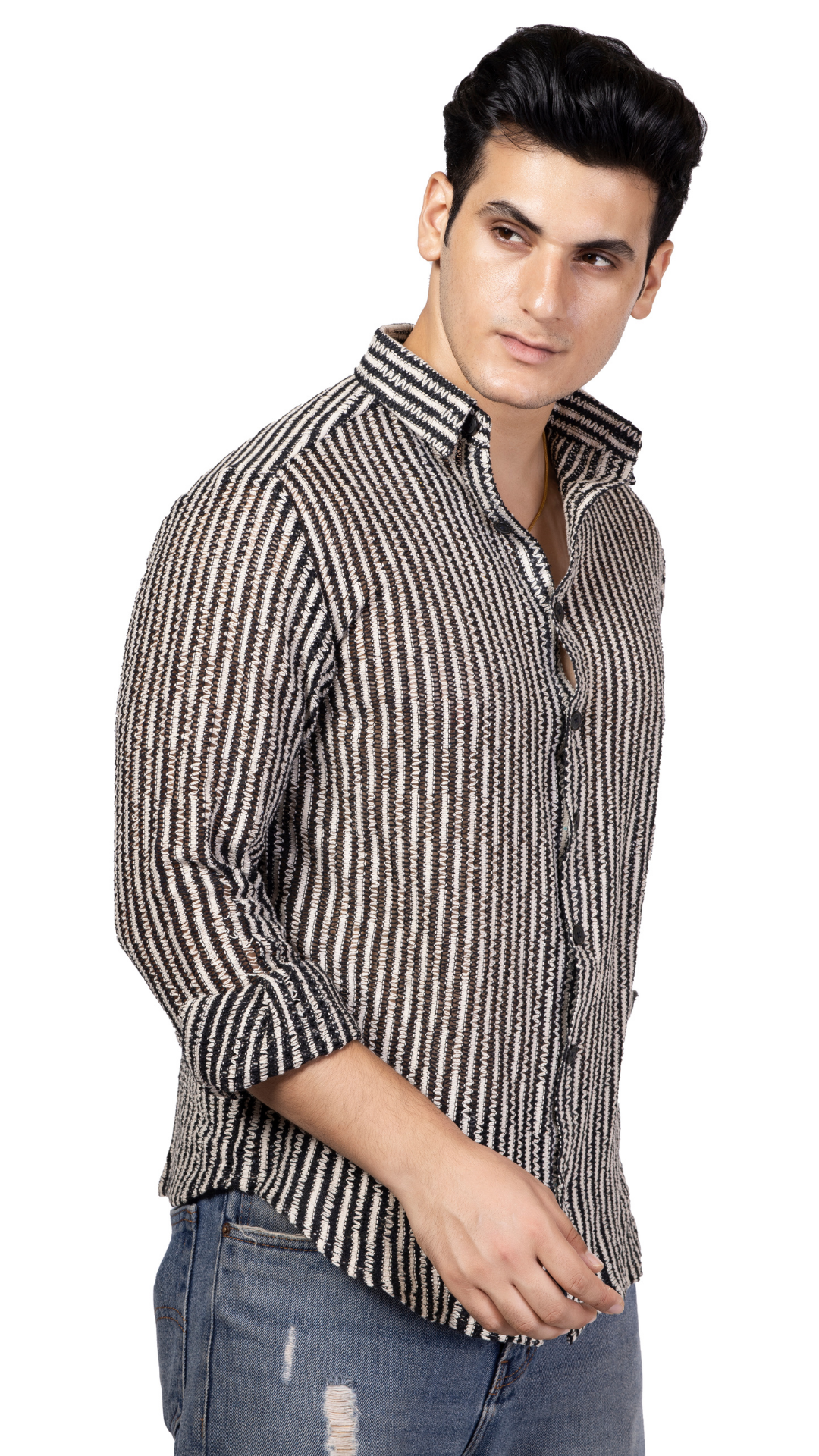 Small Stripe Black And White Crochet Shirt Full Sleeves