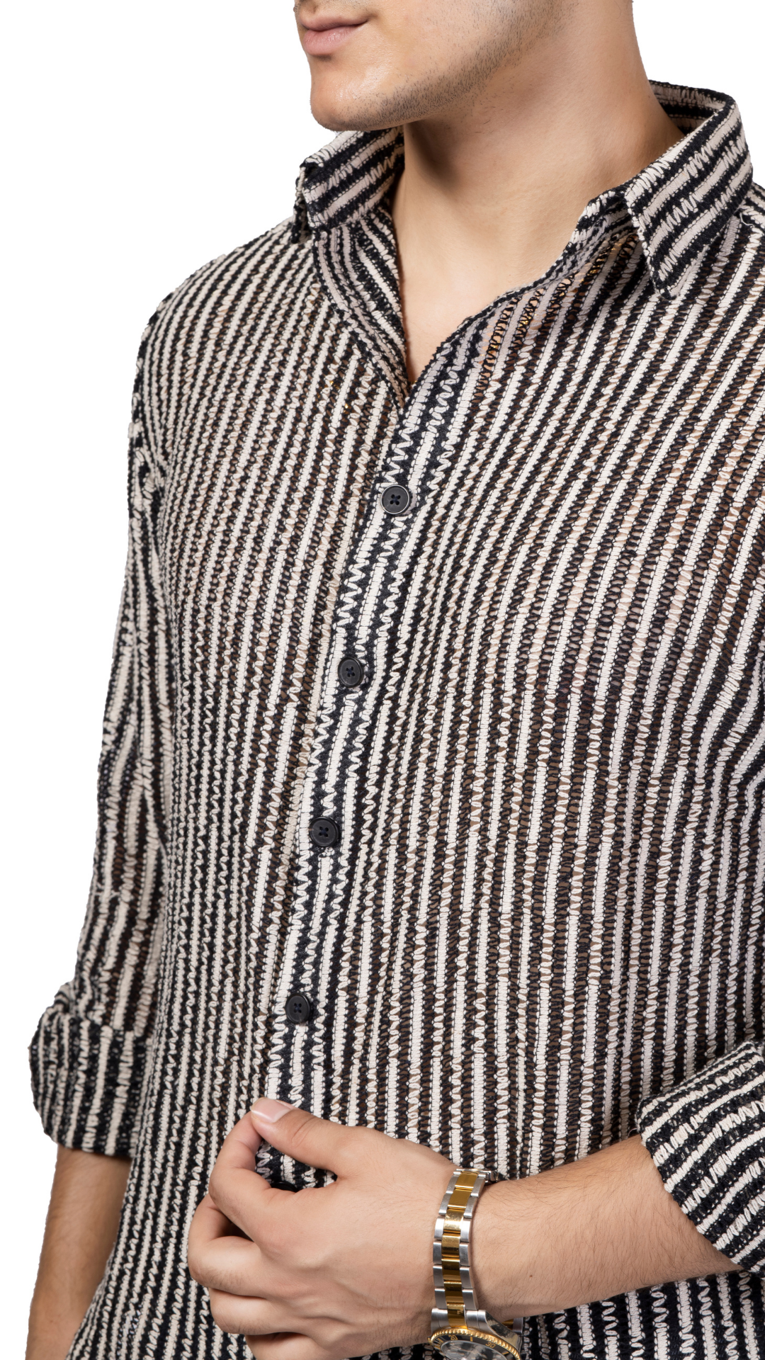 Small Stripe Black And White Crochet Shirt Full Sleeves