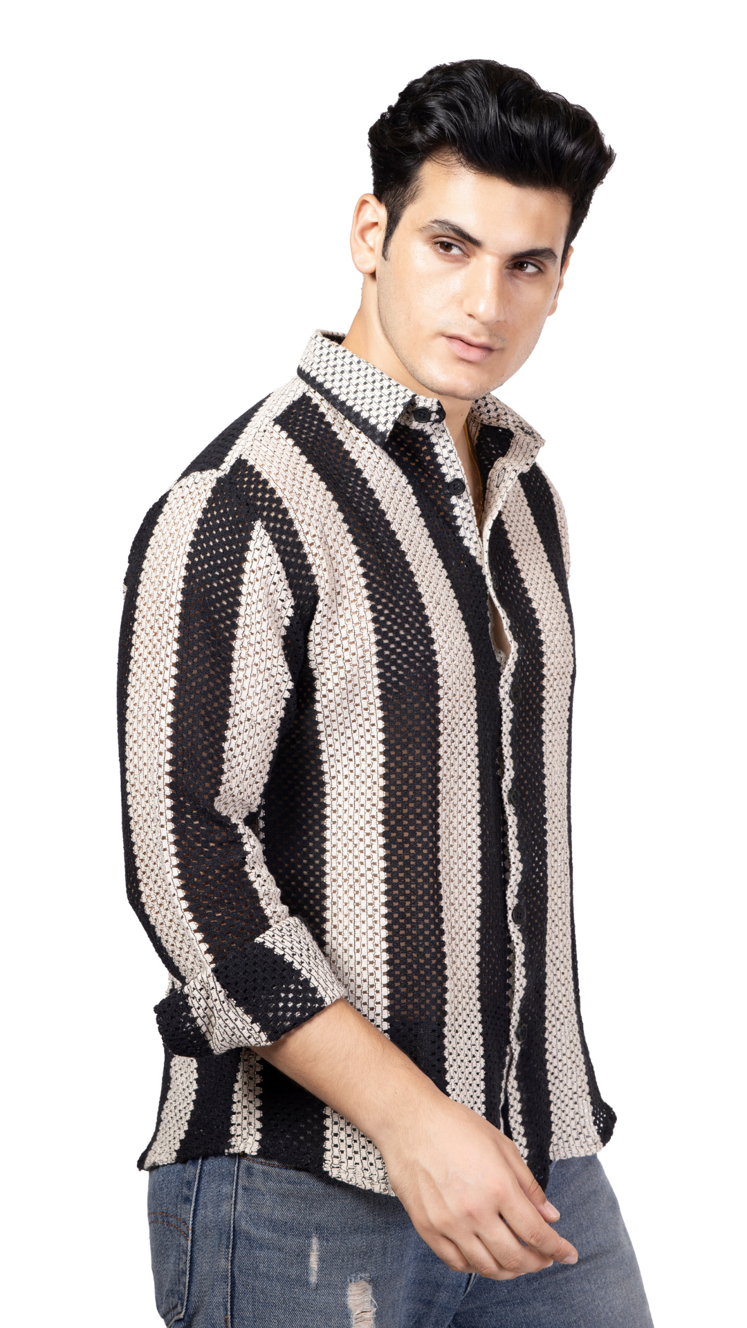 Black And White Big Stripe Full Sleeve Crochet Shirt