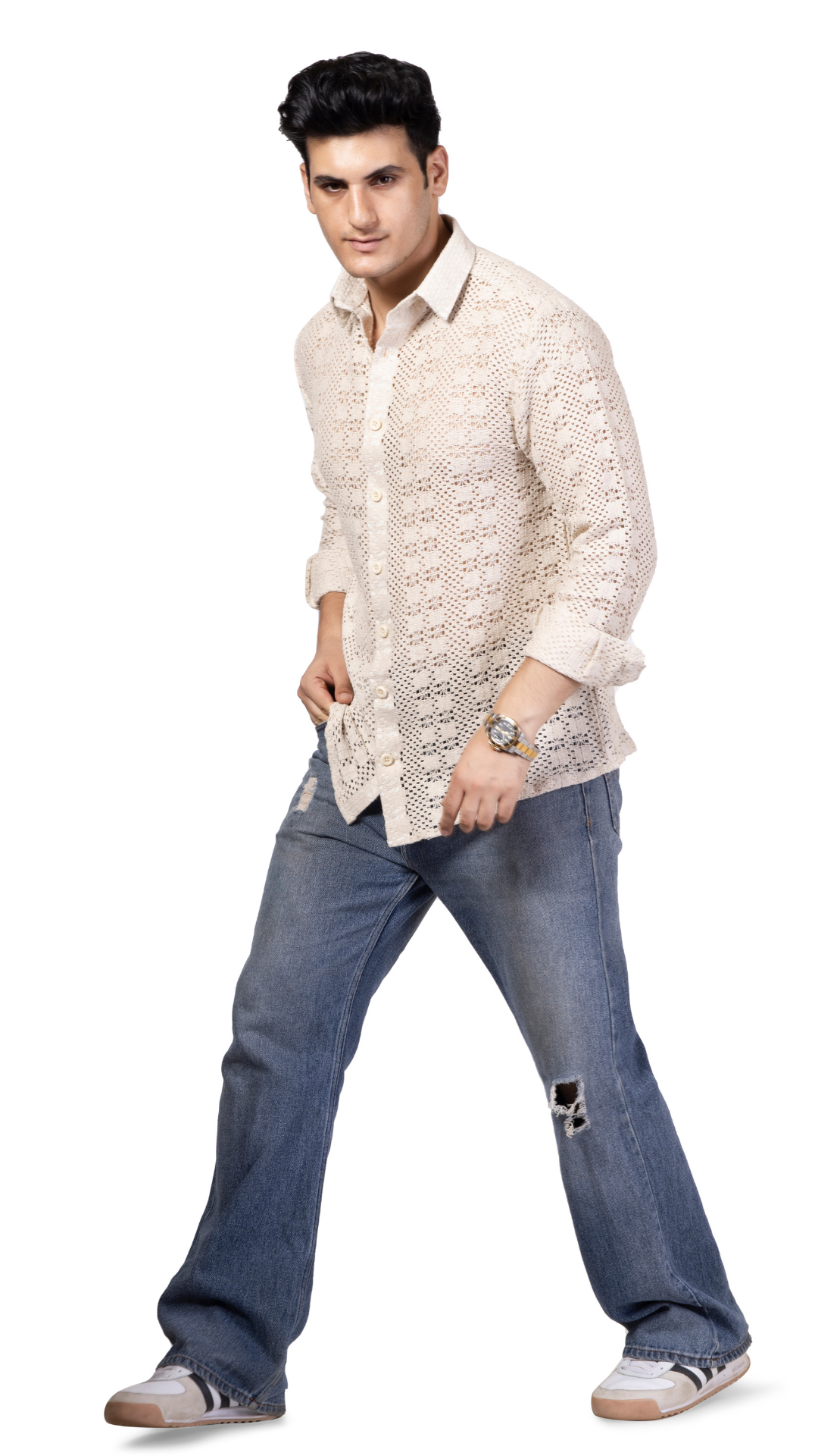 White Box Pattern Knitted Crochet Shirt Full Sleeves