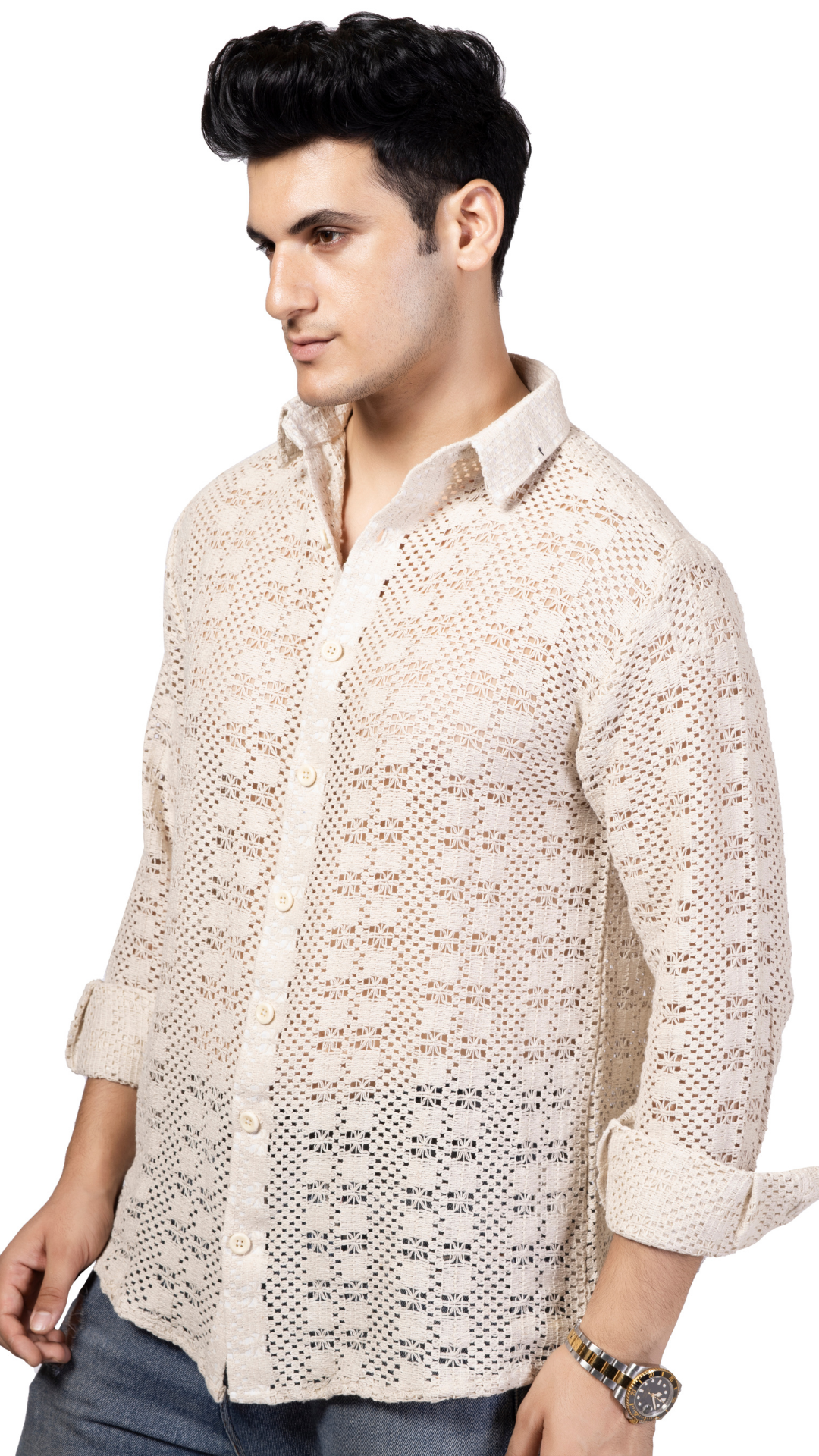 White Box Pattern Knitted Crochet Shirt Full Sleeves