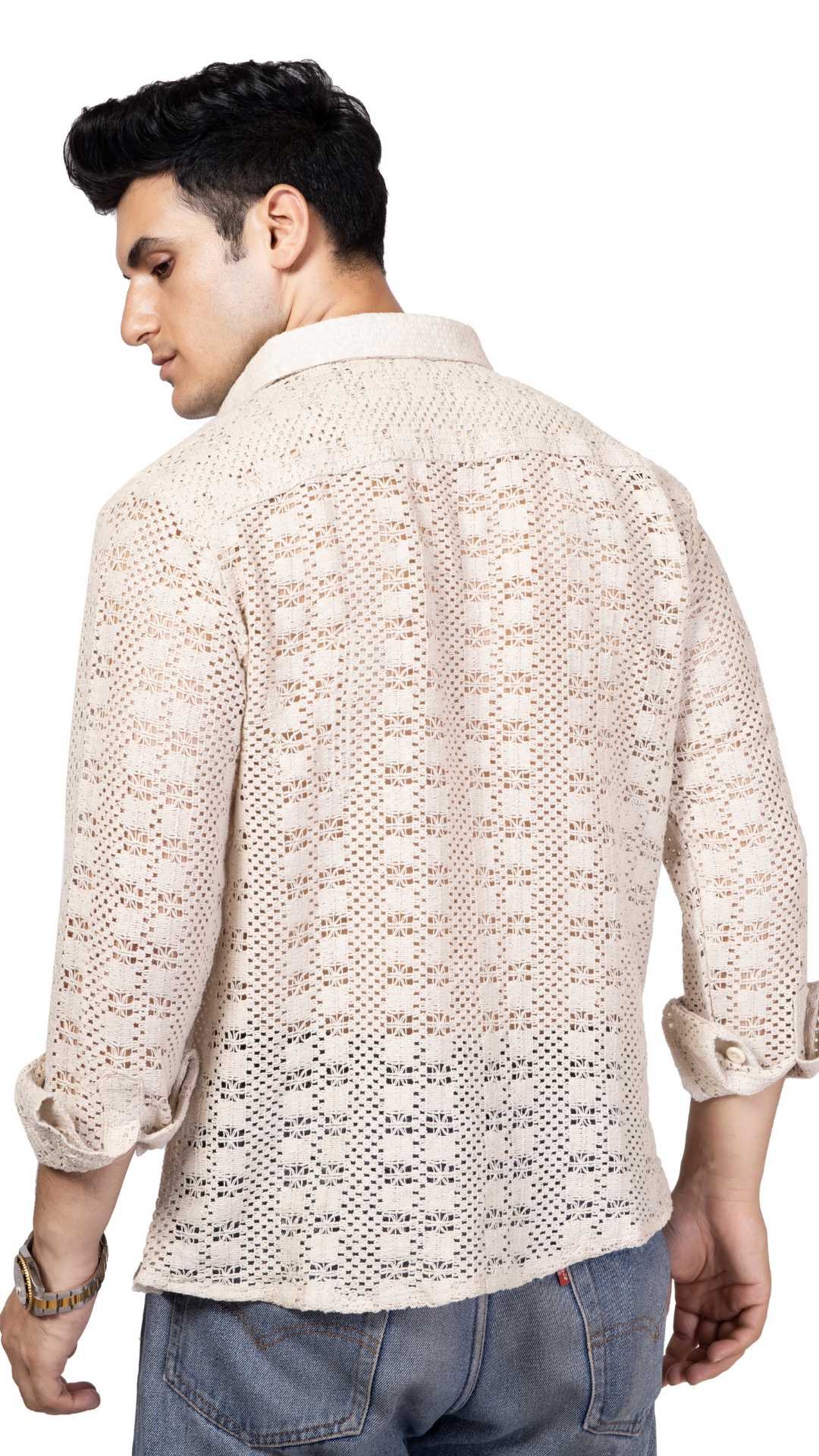 White Box Pattern Knitted Crochet Shirt Full Sleeves