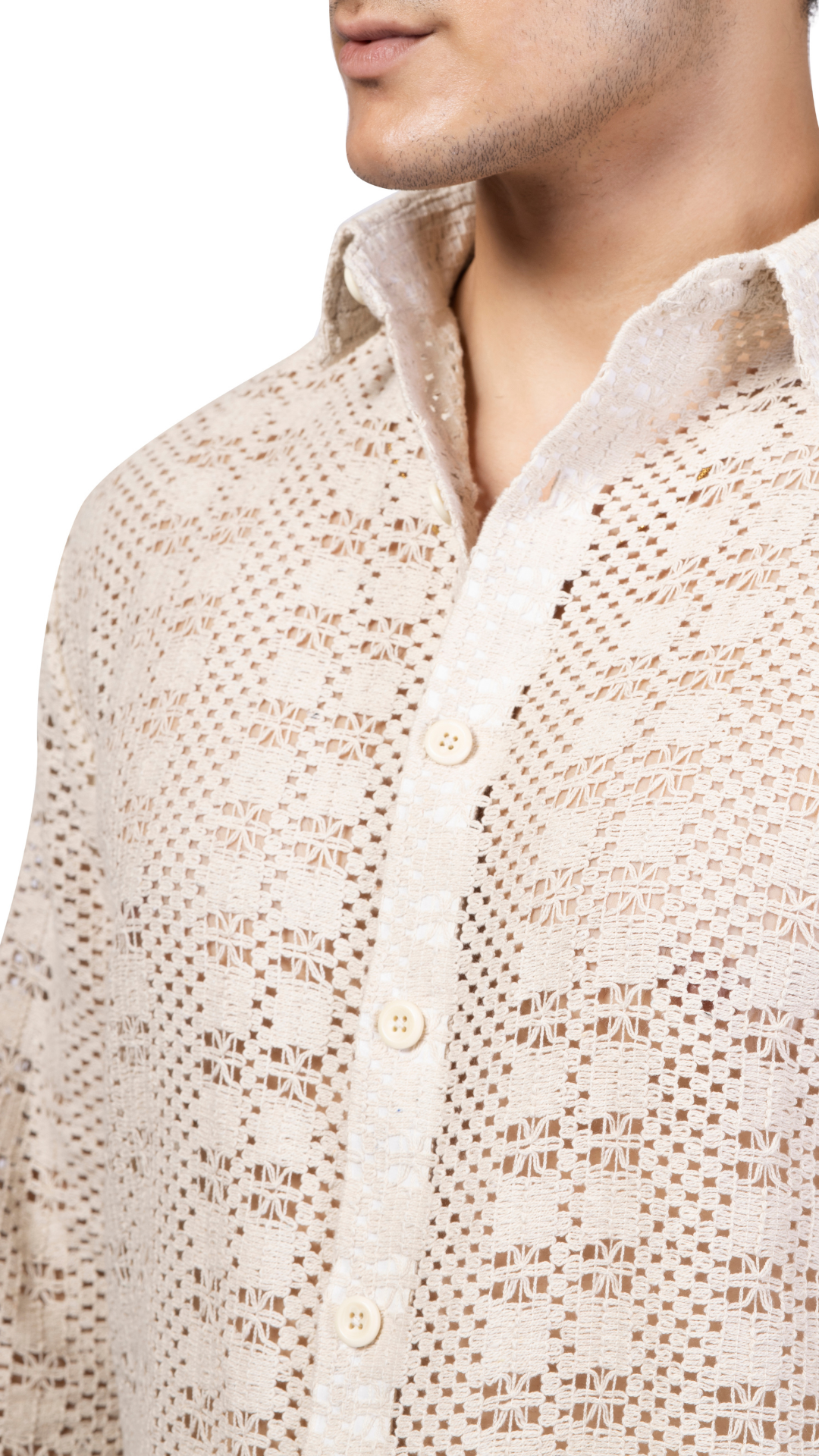White Box Pattern Knitted Crochet Shirt Full Sleeves