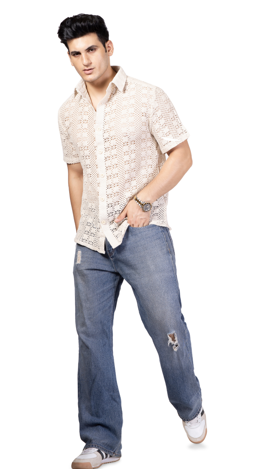 White Box Pattern Knitted Crochet Shirt