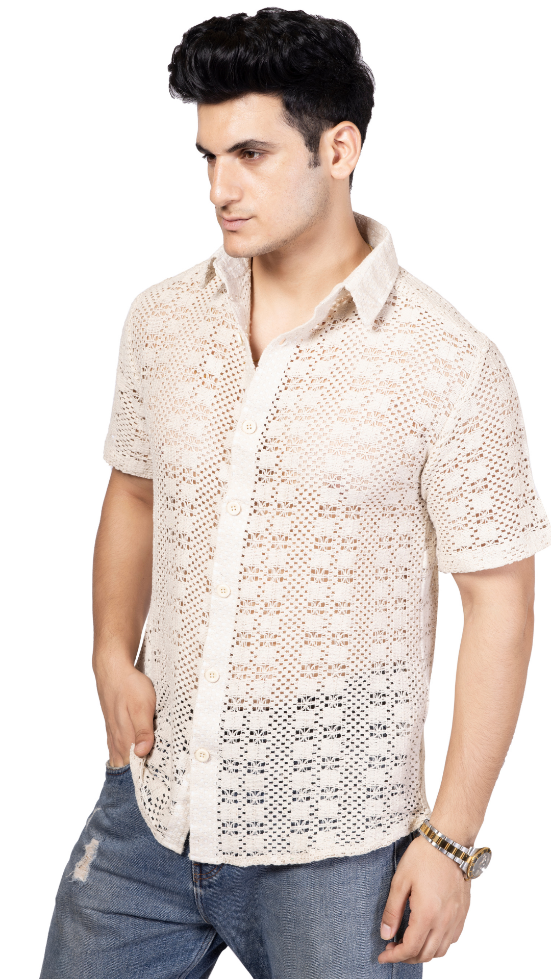 White Box Pattern Knitted Crochet Shirt