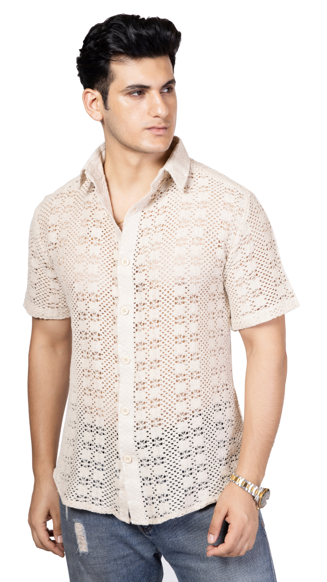 White Box Pattern Knitted Crochet Shirt