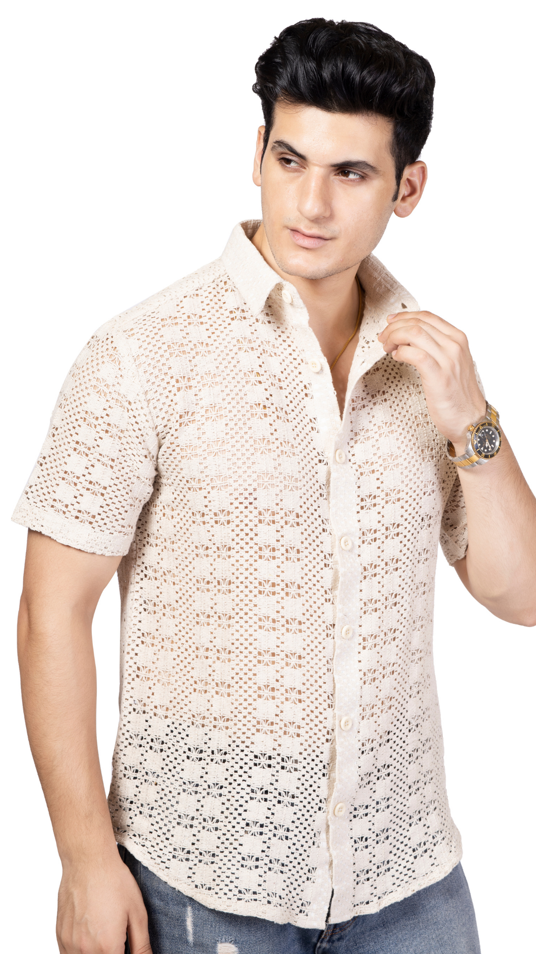White Box Pattern Knitted Crochet Shirt