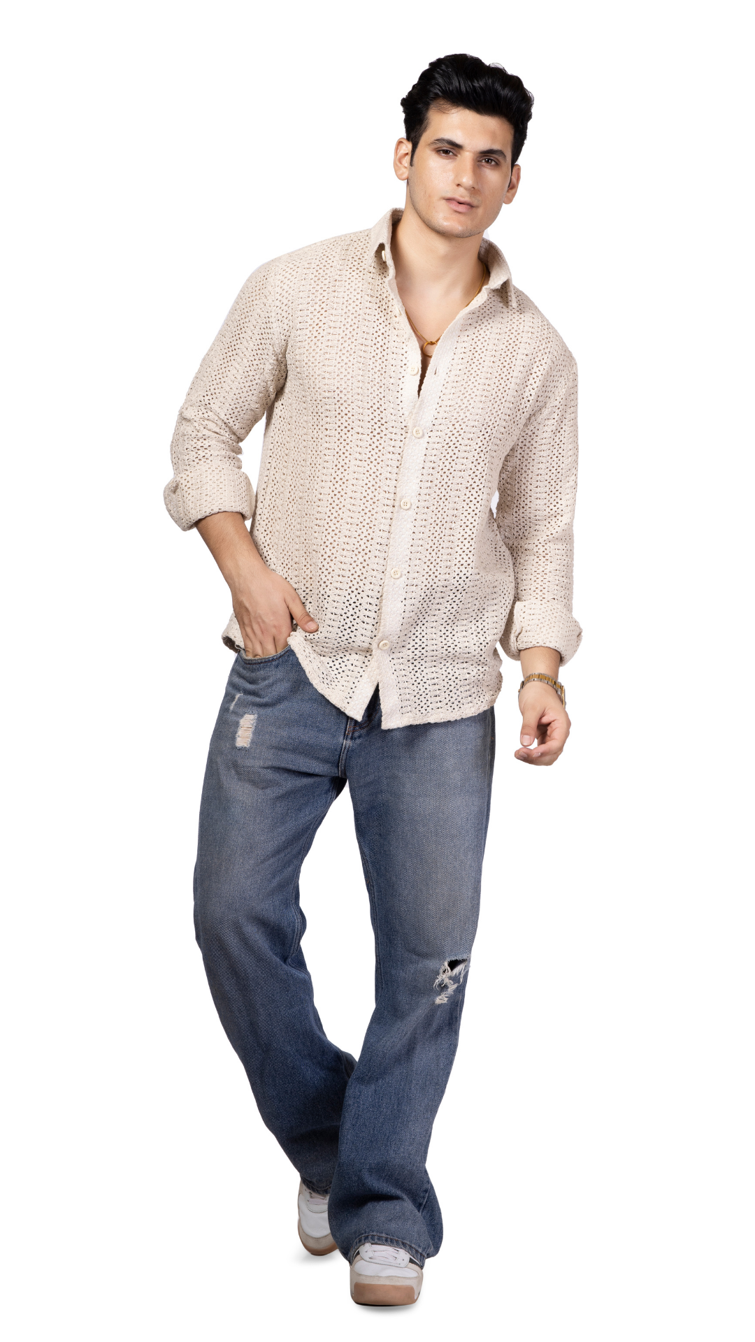 White Stripe Knitted Crochet Shirt
