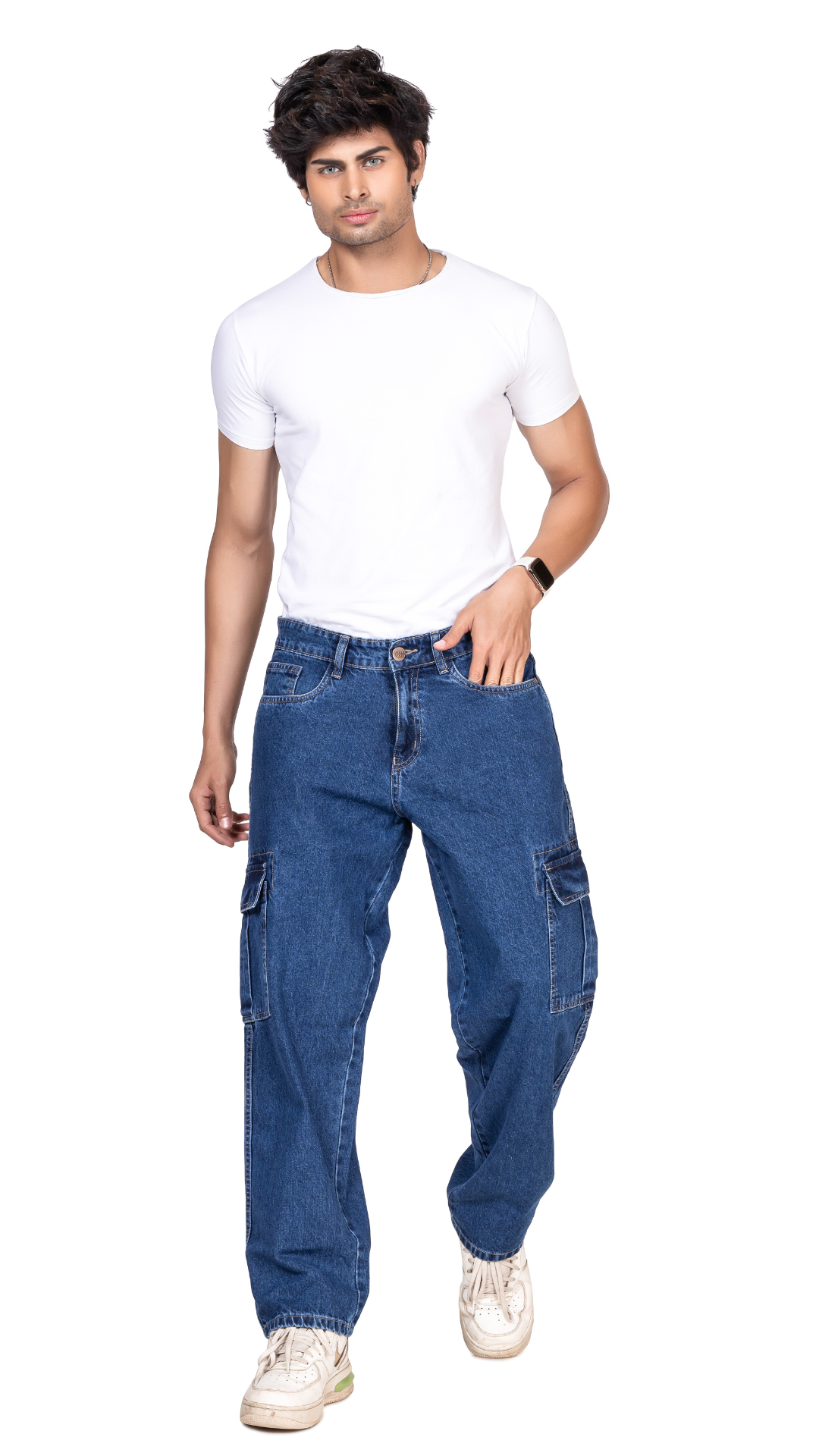 DENIM BLUE CARGO BAGGY FIT JEANS