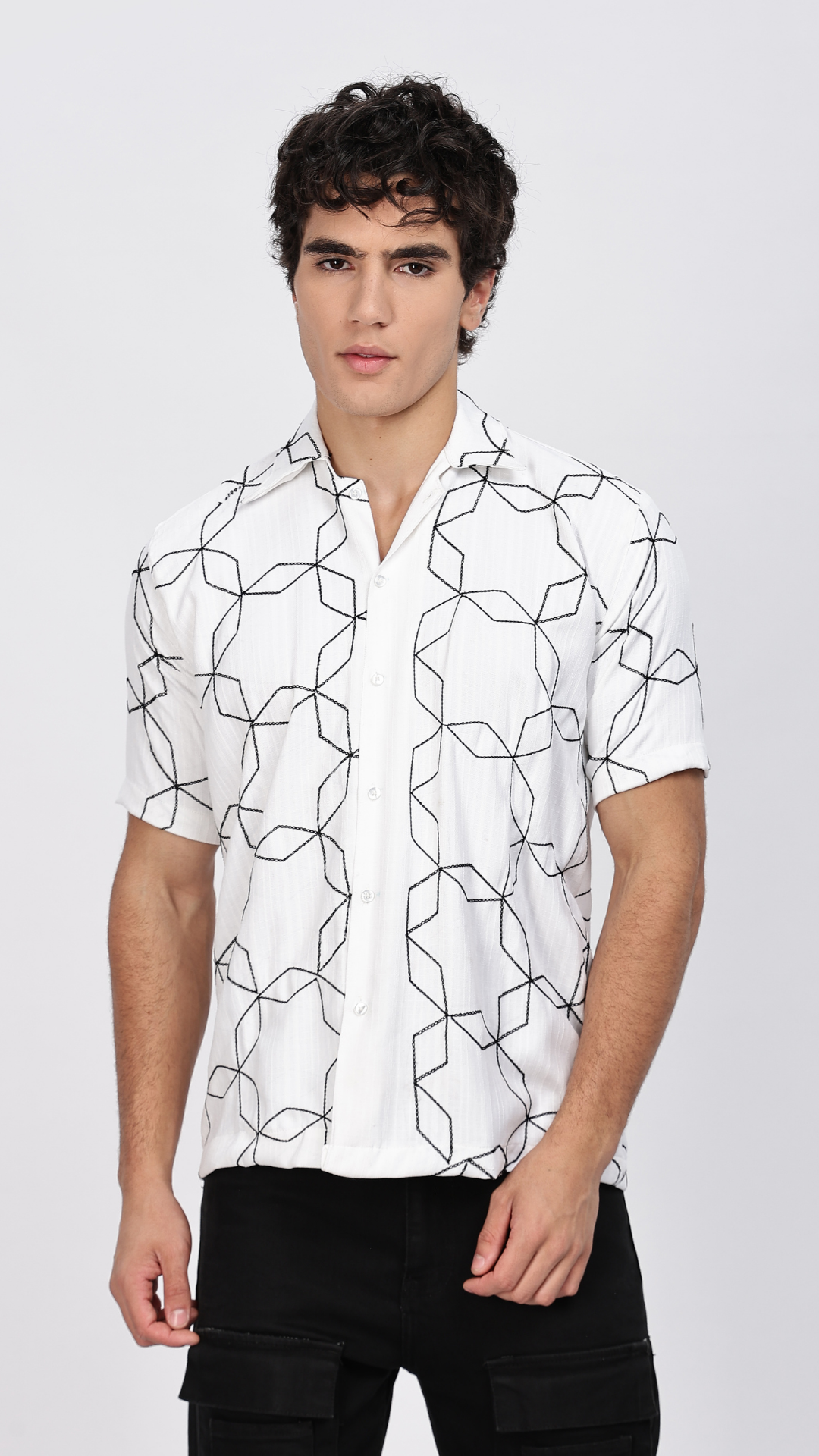 White Geometric Embroidery Shirt