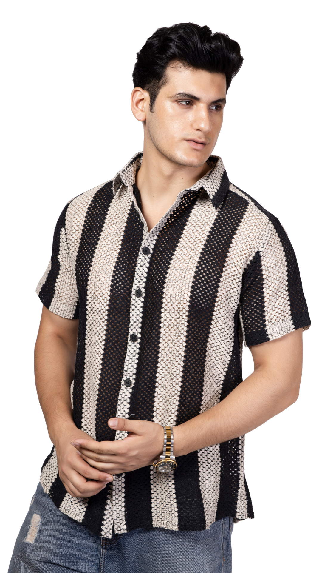 Black And White Big Stripe Half Sleeve Crochet Shirt