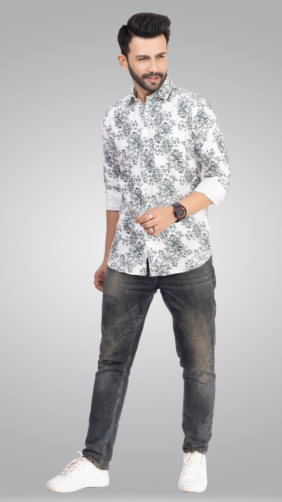 Green Floral White Shirt