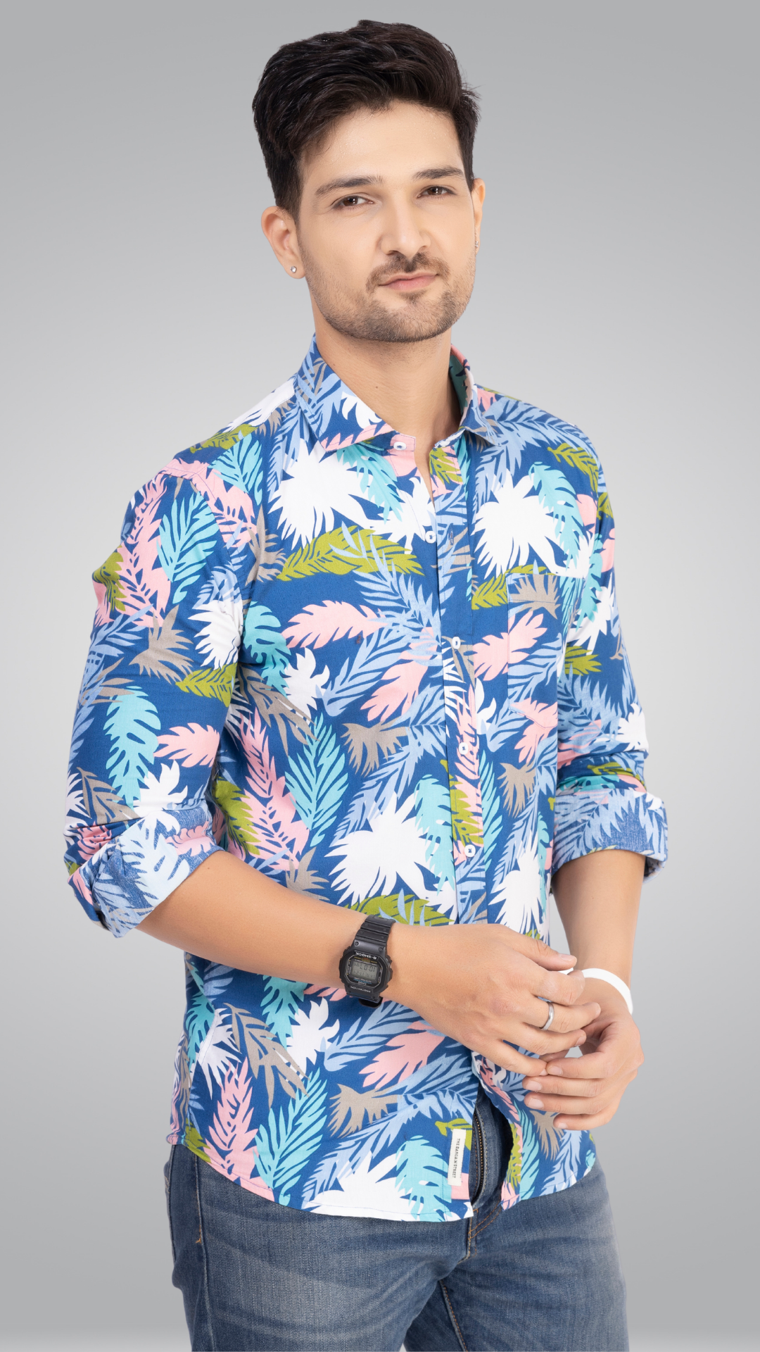 Party Printed Leafs Blue Shirt