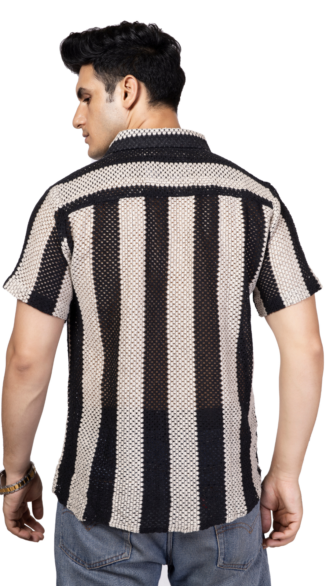 Black And White Big Stripe Half Sleeve Crochet Shirt