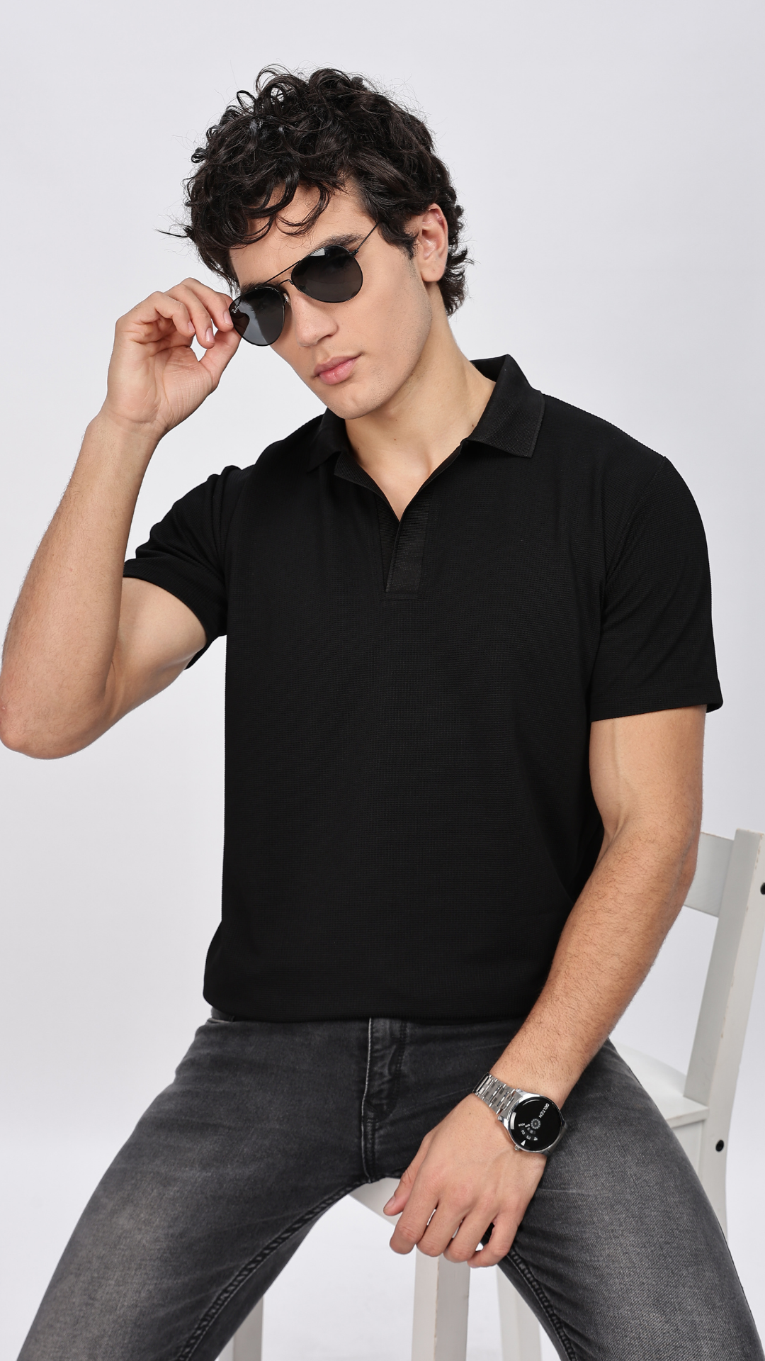 Black Textured Polo T-shirt