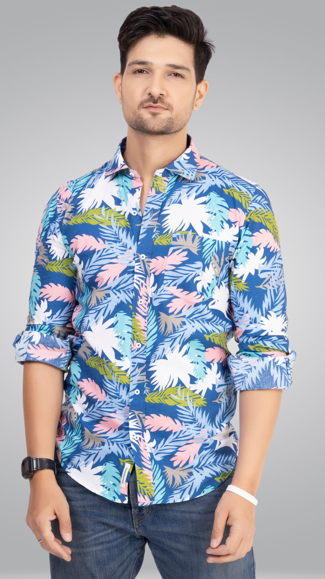 Party Printed Leafs Blue Shirt