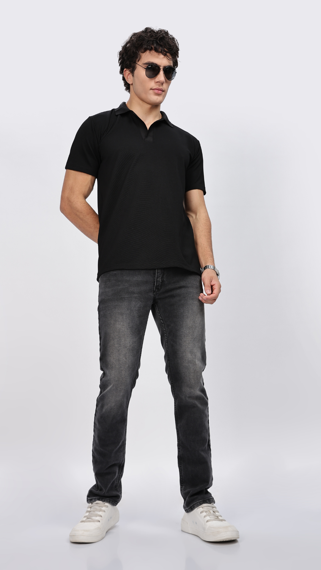 Black Textured Polo T-shirt