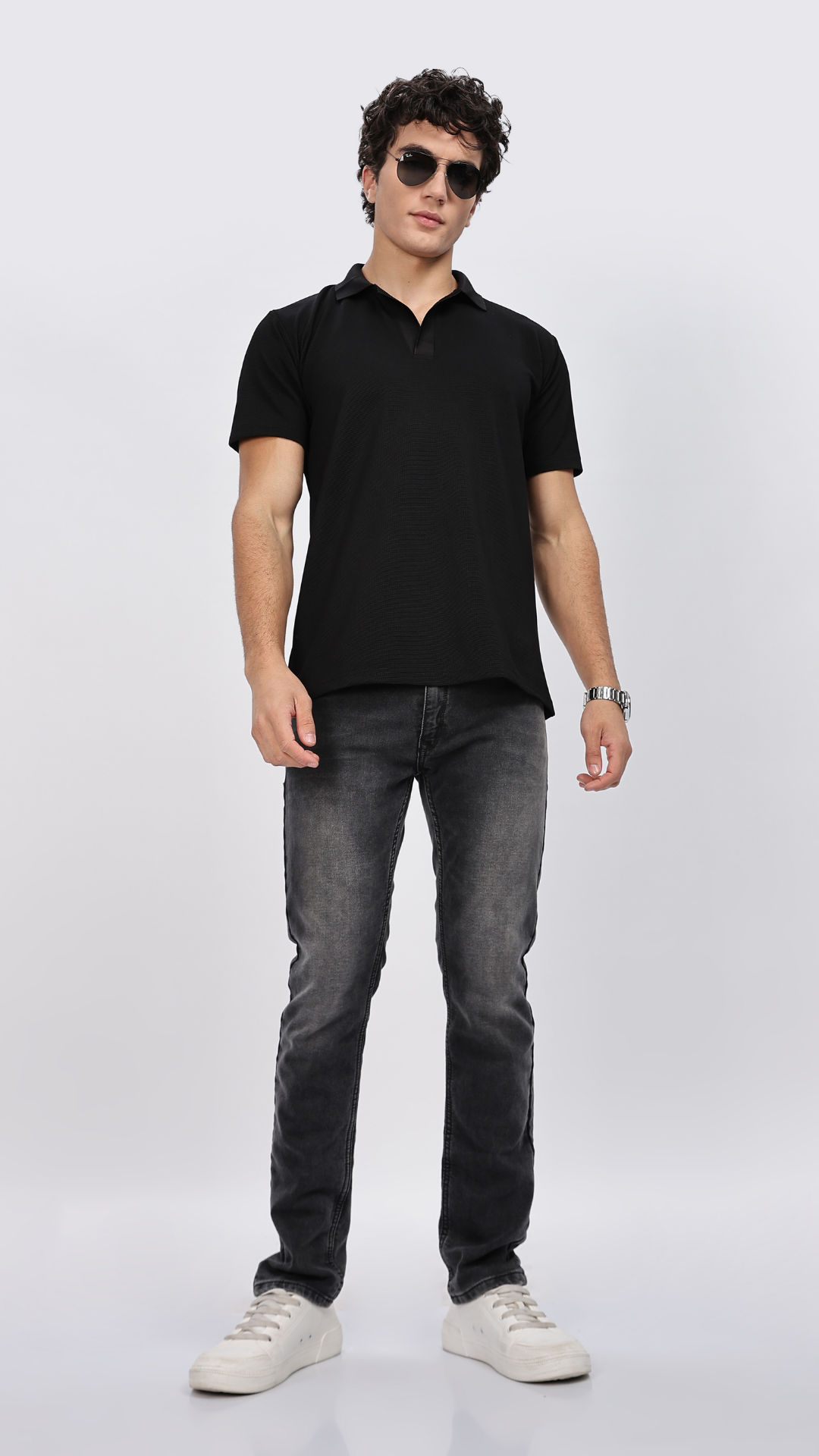 Black Textured Polo T-shirt