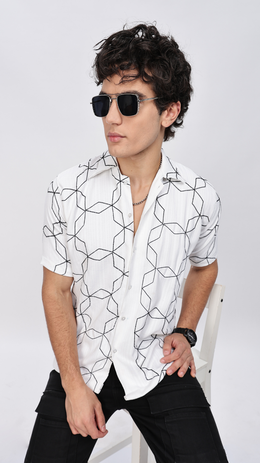 White Geometric Embroidery Shirt