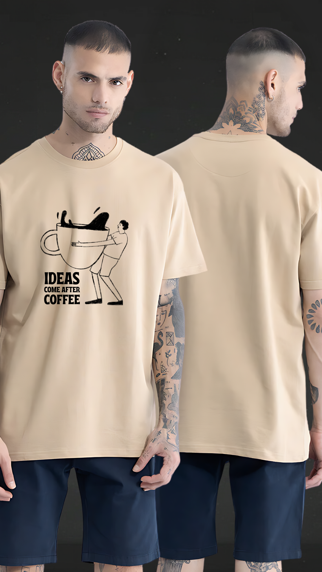 Idea Comes After Coffee Beige Oversized Tshirt