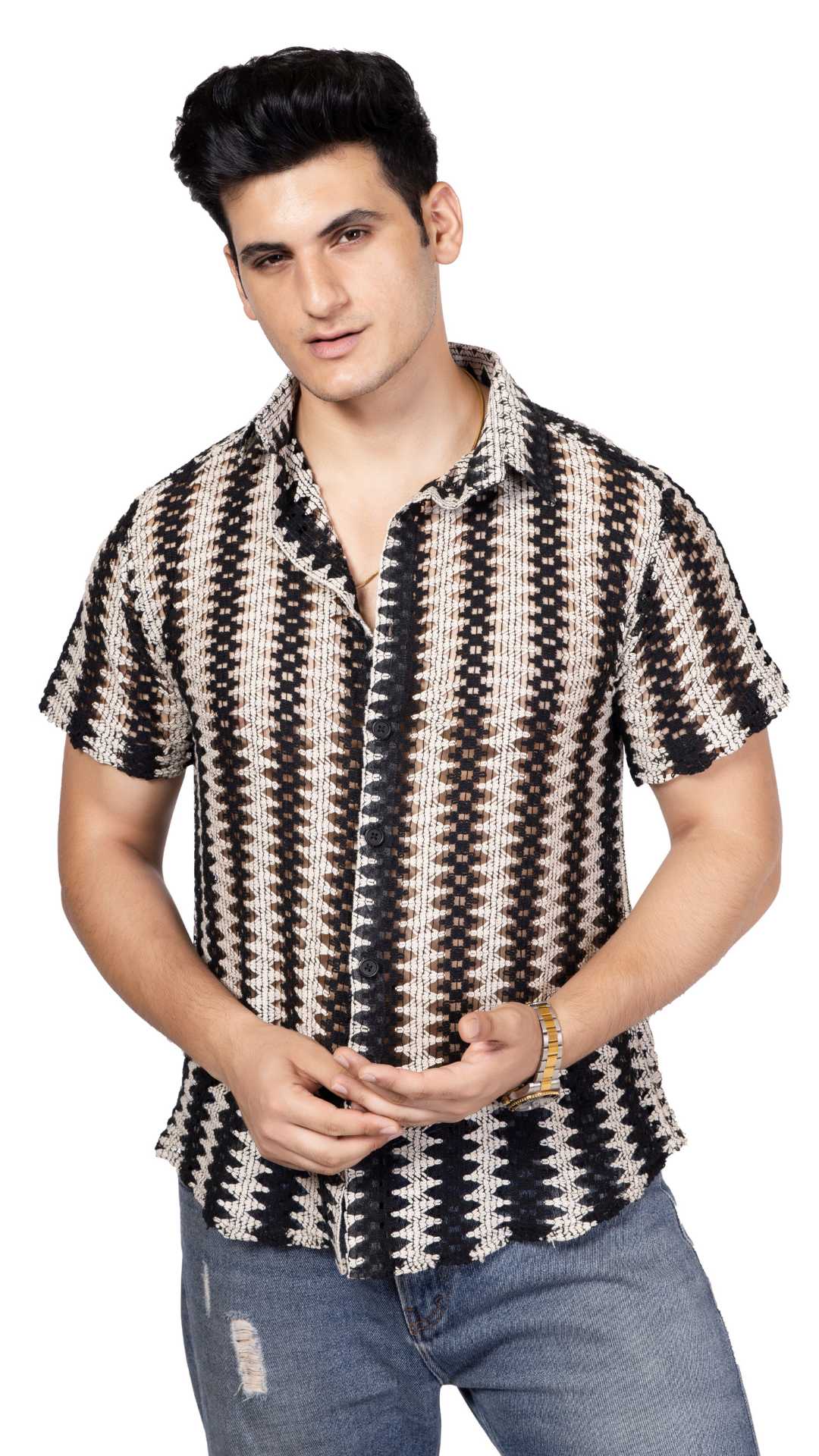 Black And White Crochet Shirt Half Sleeves