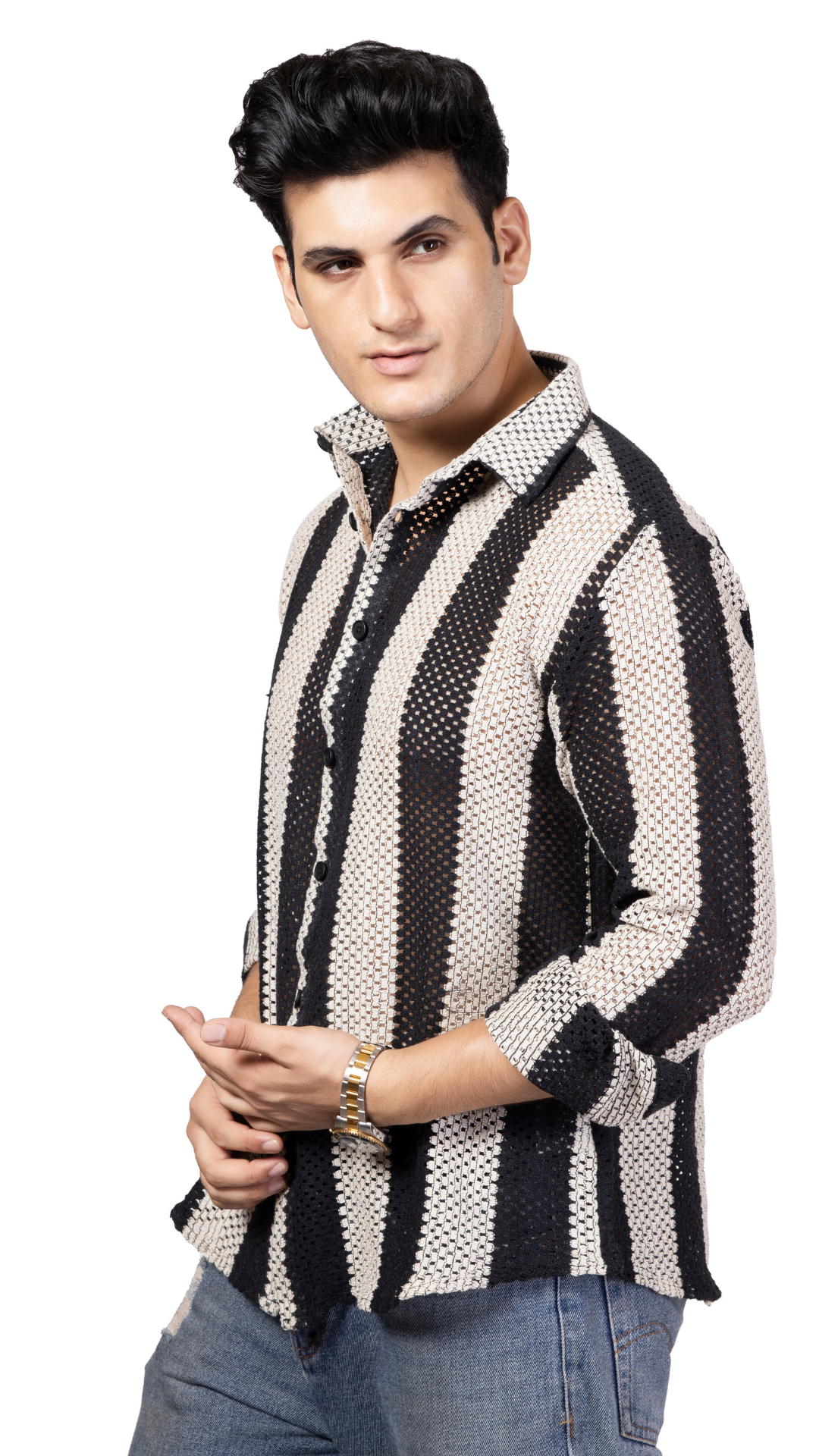 Black And White Big Stripe Full Sleeve Crochet Shirt