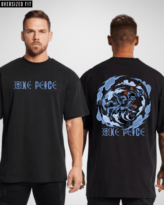 One Piece blue Print Black Oversized Tshirt
