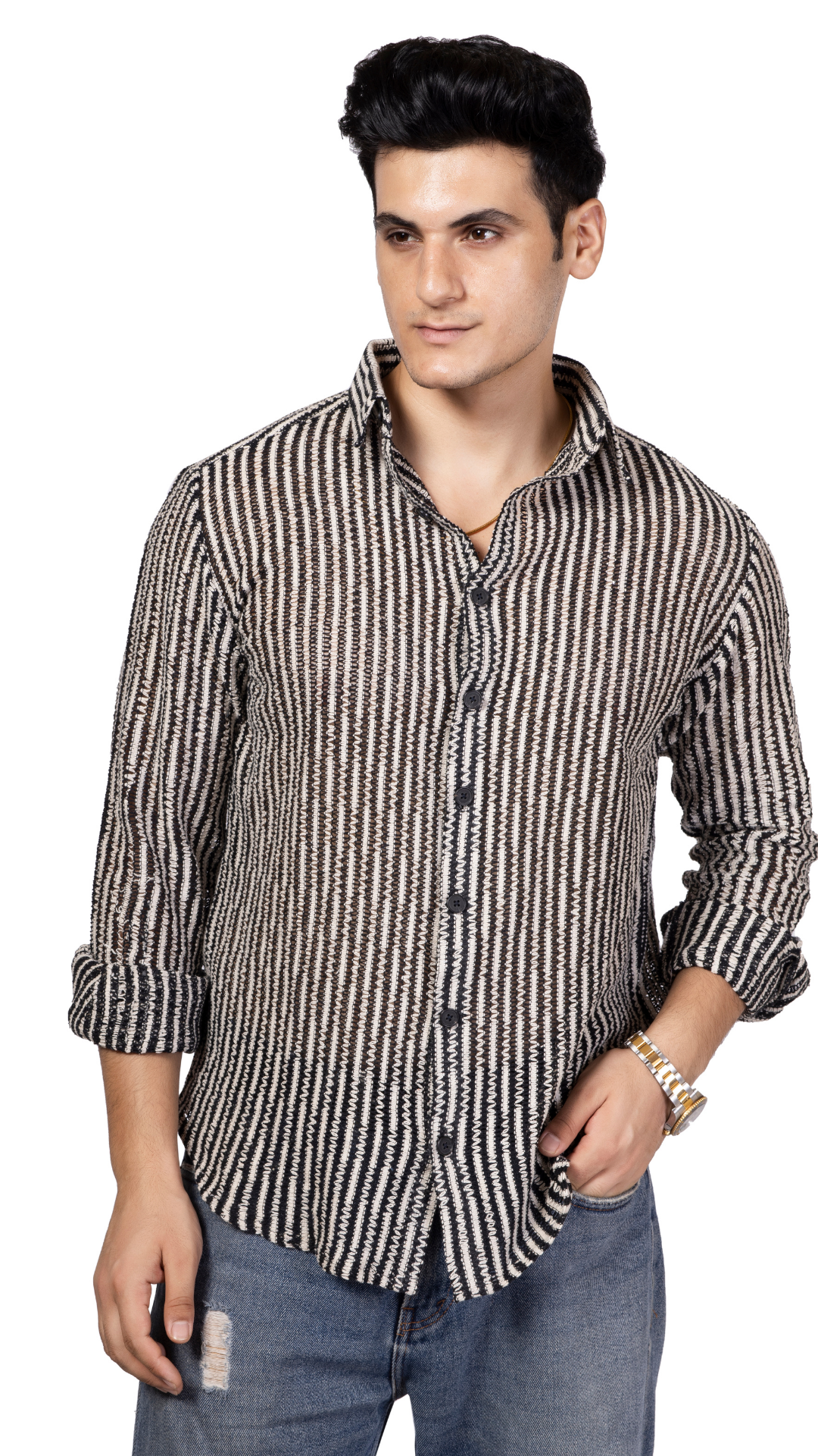 Small Stripe Black And White Crochet Shirt Full Sleeves