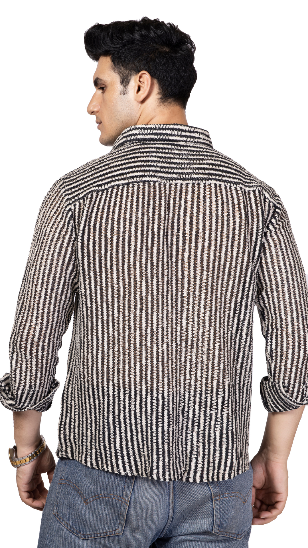 Small Stripe Black And White Crochet Shirt Full Sleeves