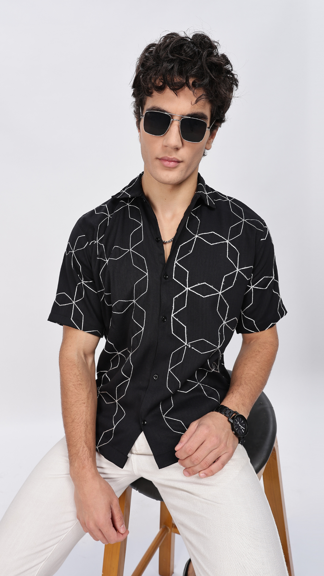 Black Geometric Embroidery Shirt