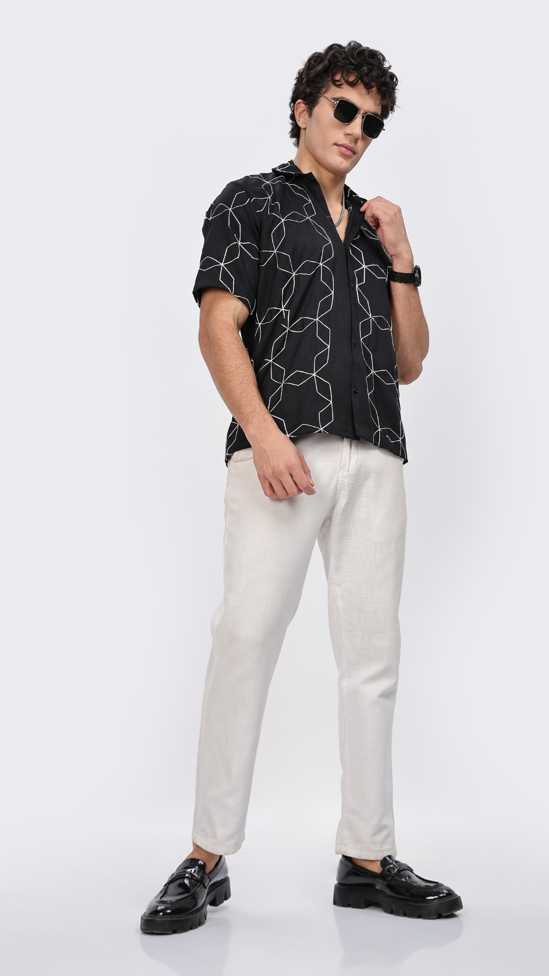 Black Geometric Embroidery Shirt