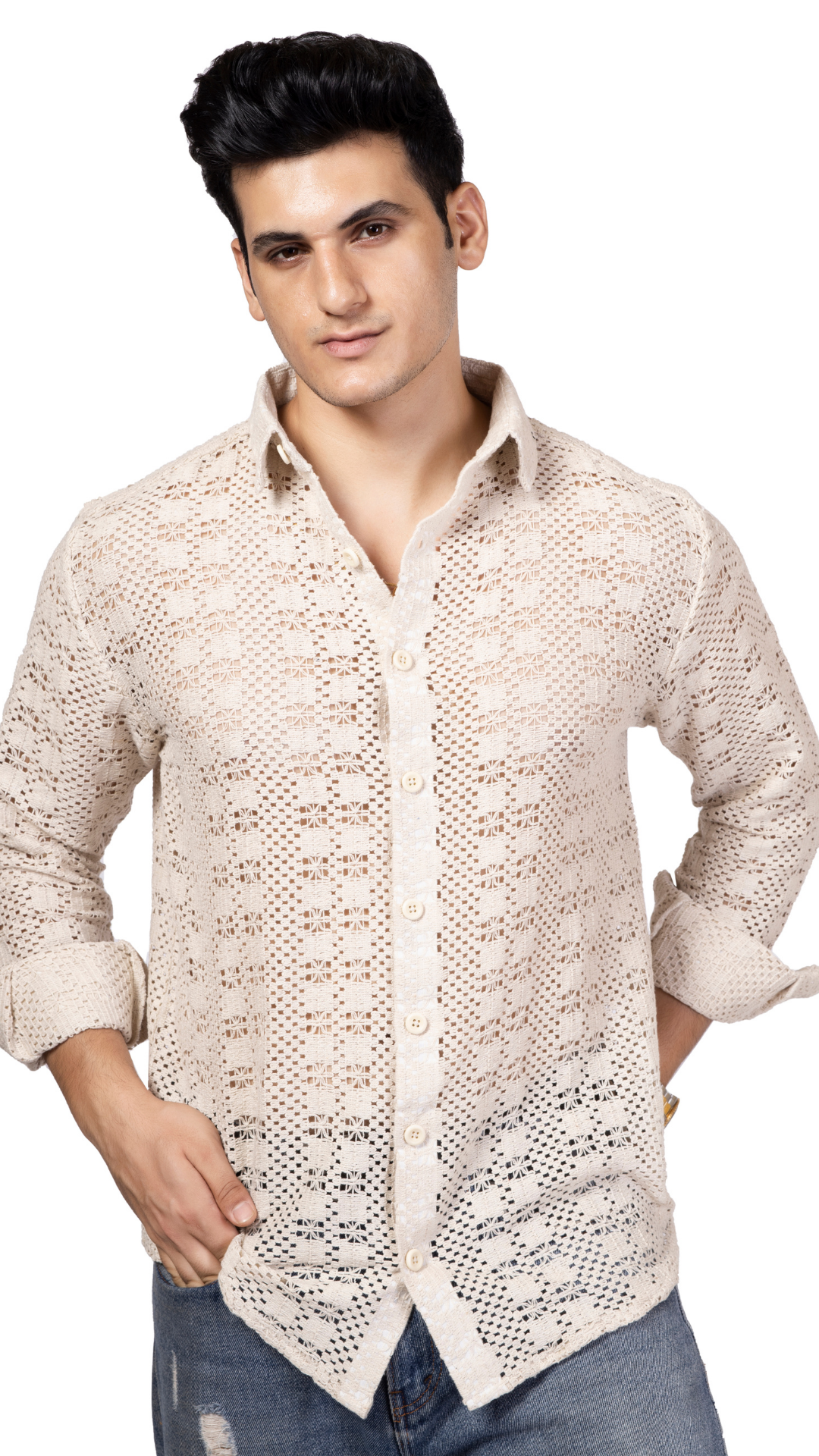 White Box Pattern Knitted Crochet Shirt Full Sleeves