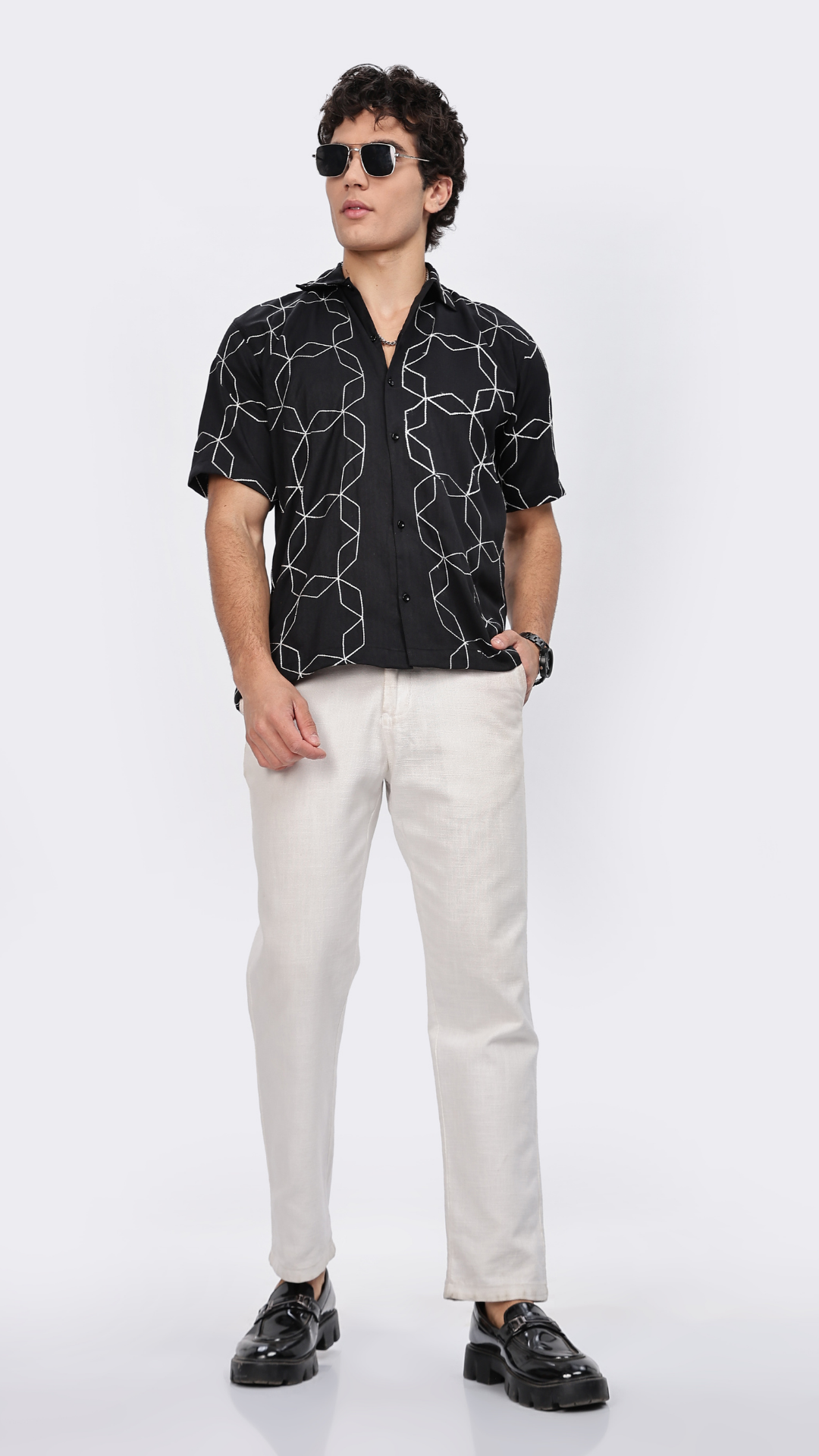 Black Geometric Embroidery Shirt