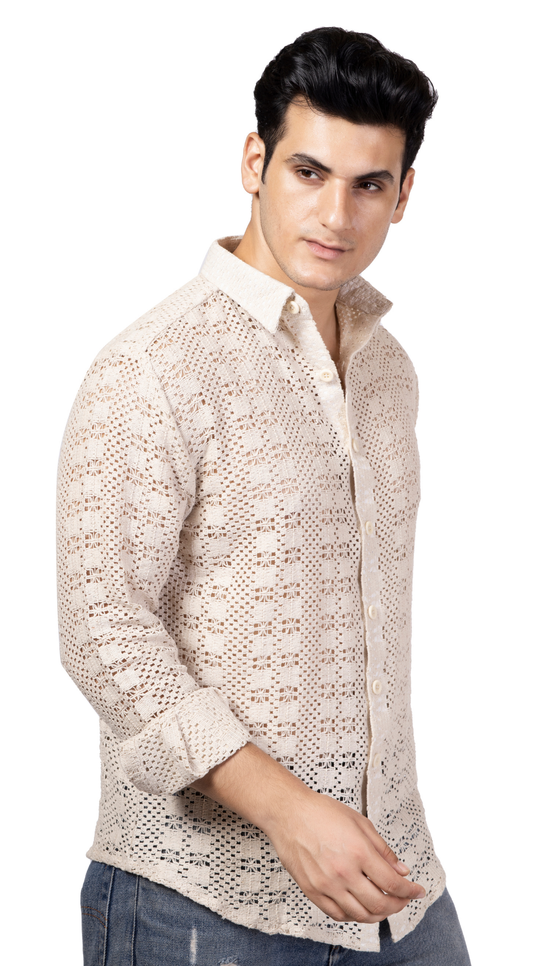 White Box Pattern Knitted Crochet Shirt Full Sleeves
