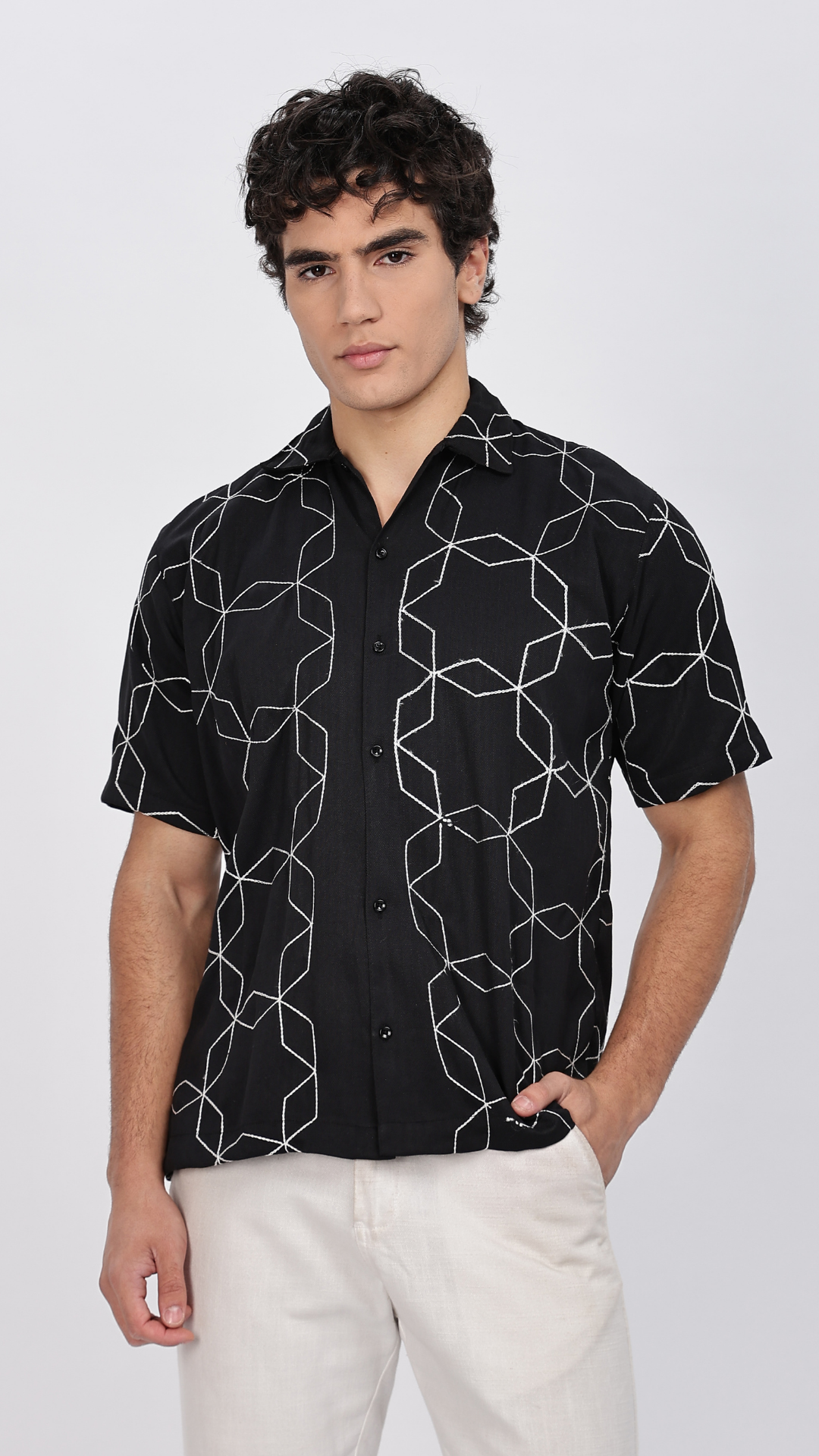 Black Geometric Embroidery Shirt