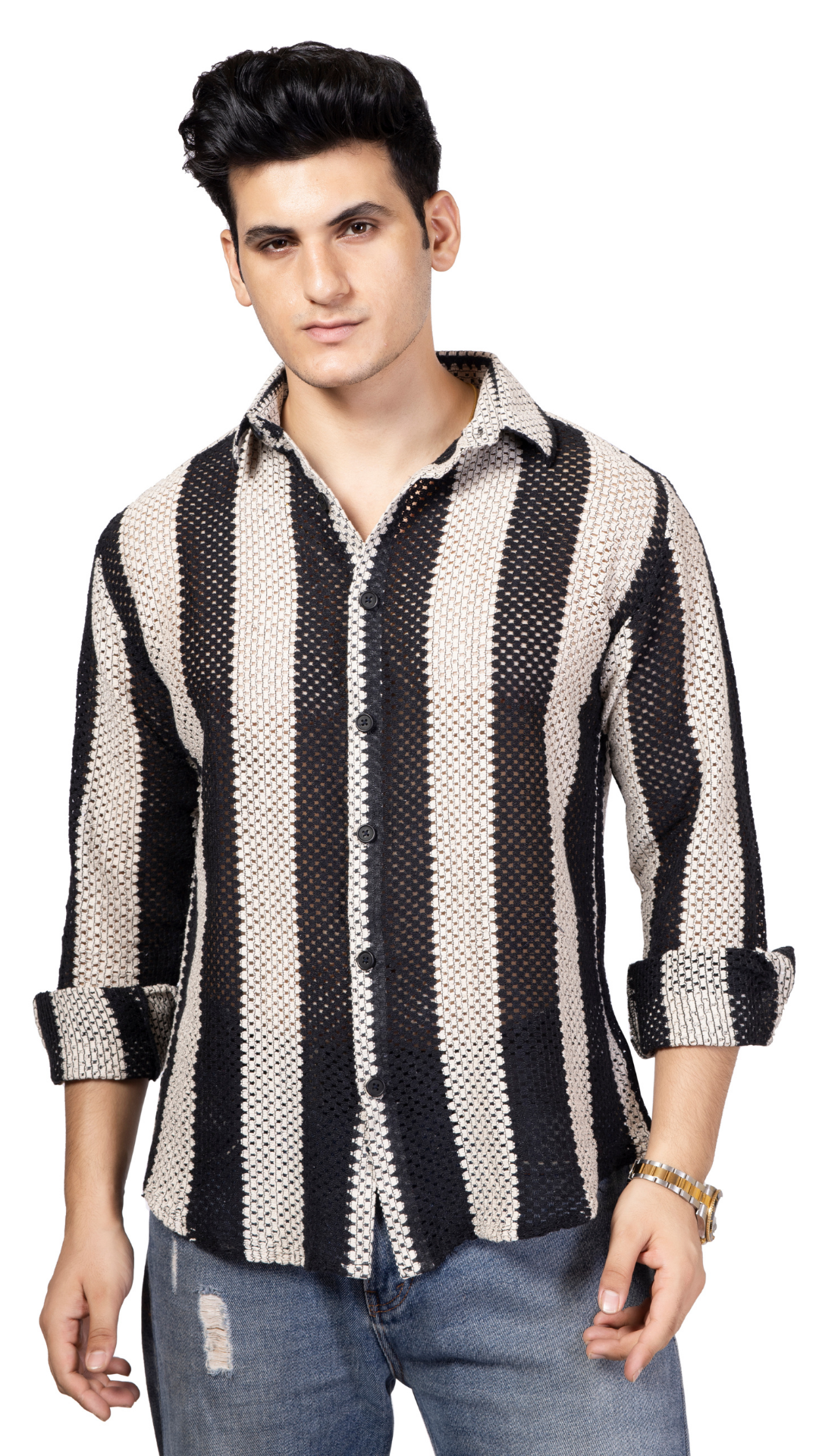 Black And White Big Stripe Full Sleeve Crochet Shirt
