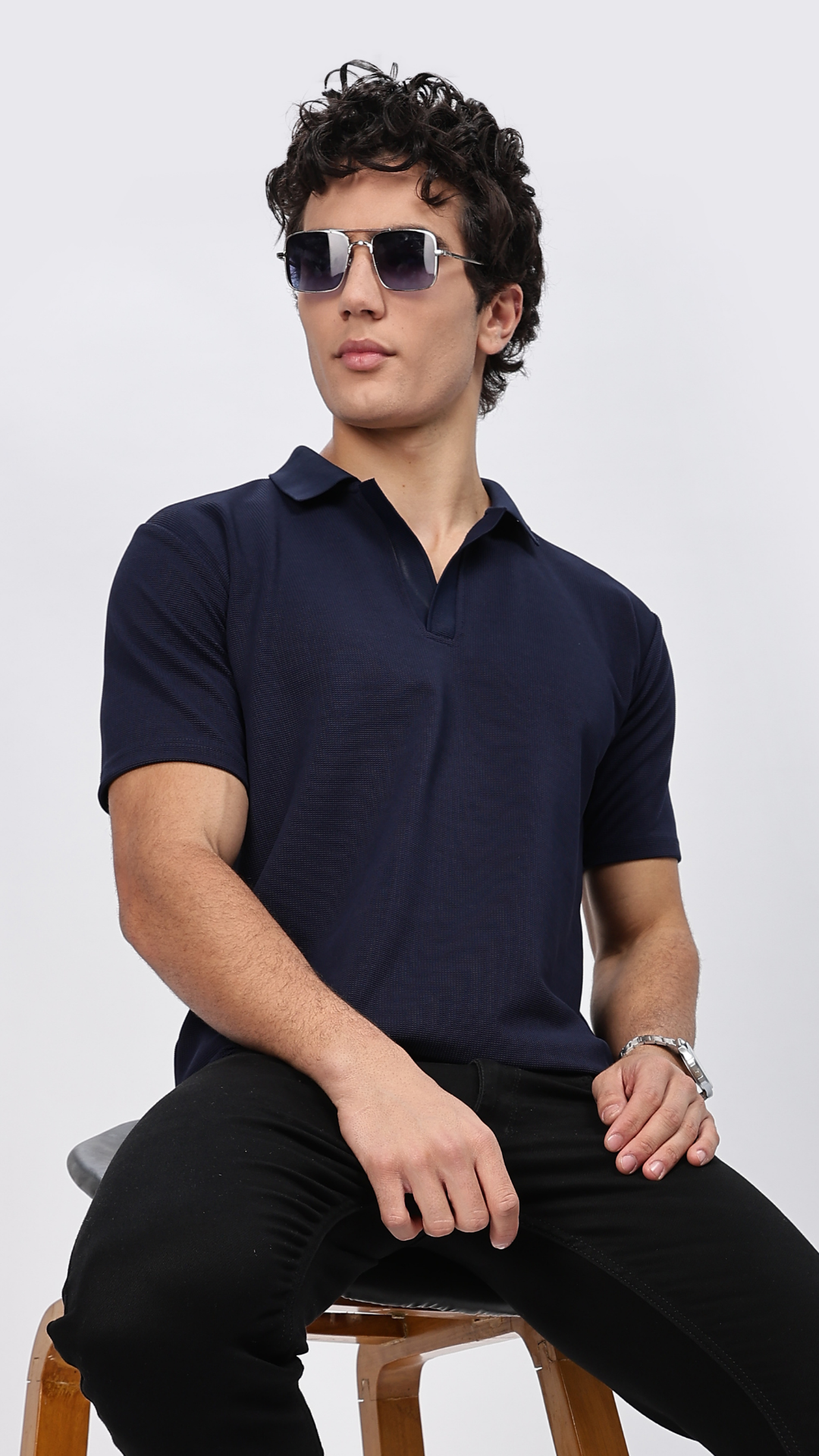 Navy Blue Textured Polo T-shirt