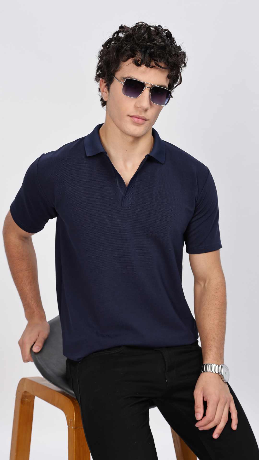 Navy Blue Textured Polo T-shirt