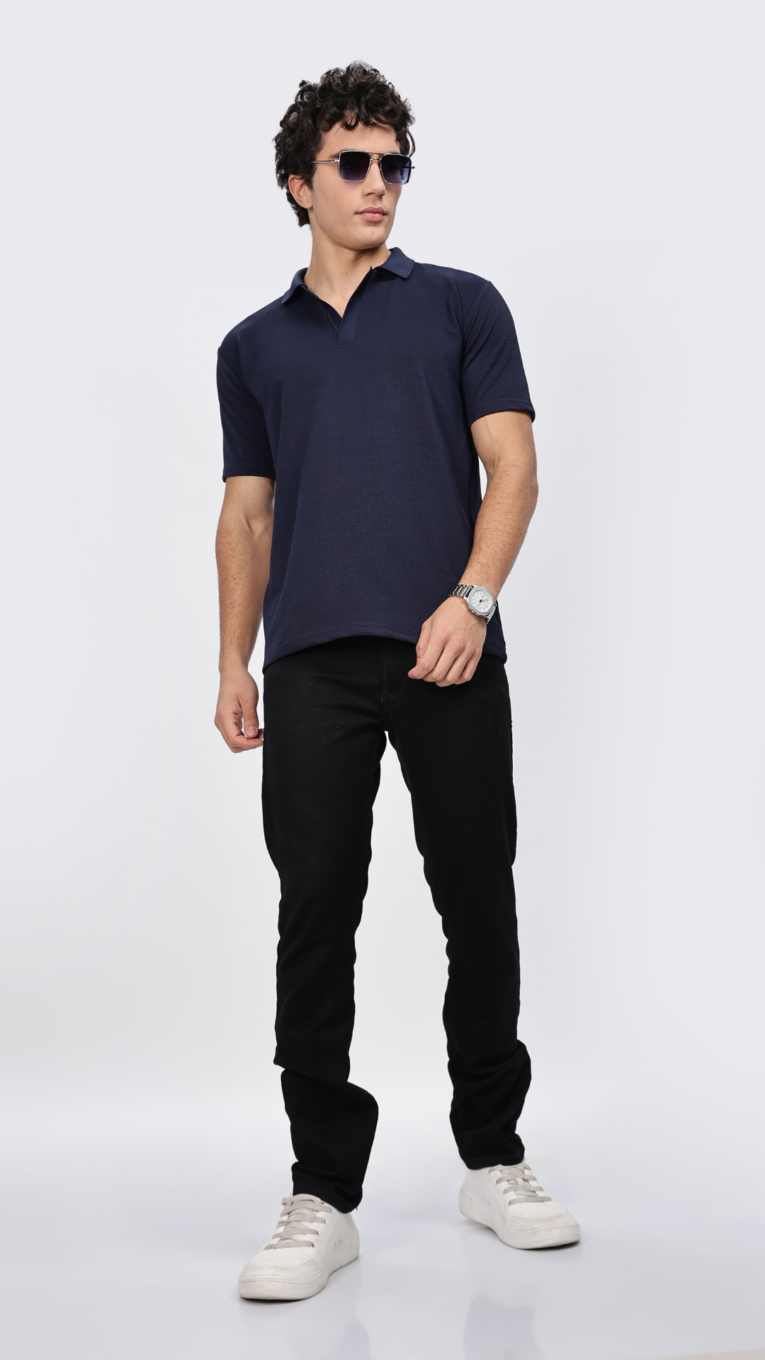 Navy Blue Textured Polo T-shirt